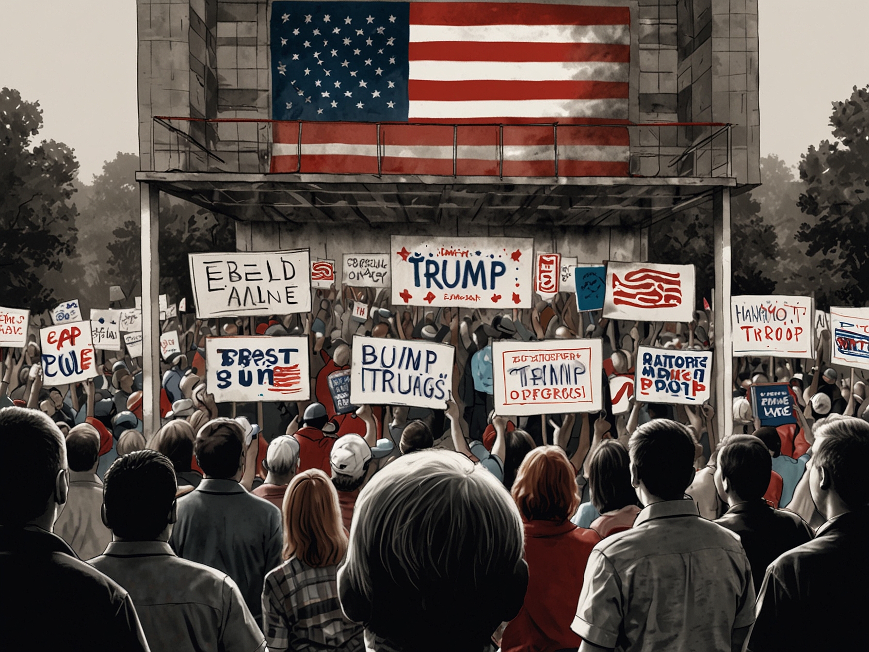 A political rally in Georgia with Trump supporters holding banners and flags. In the backdrop, a billboard displays recent poll data showing Trump's lead over Biden.