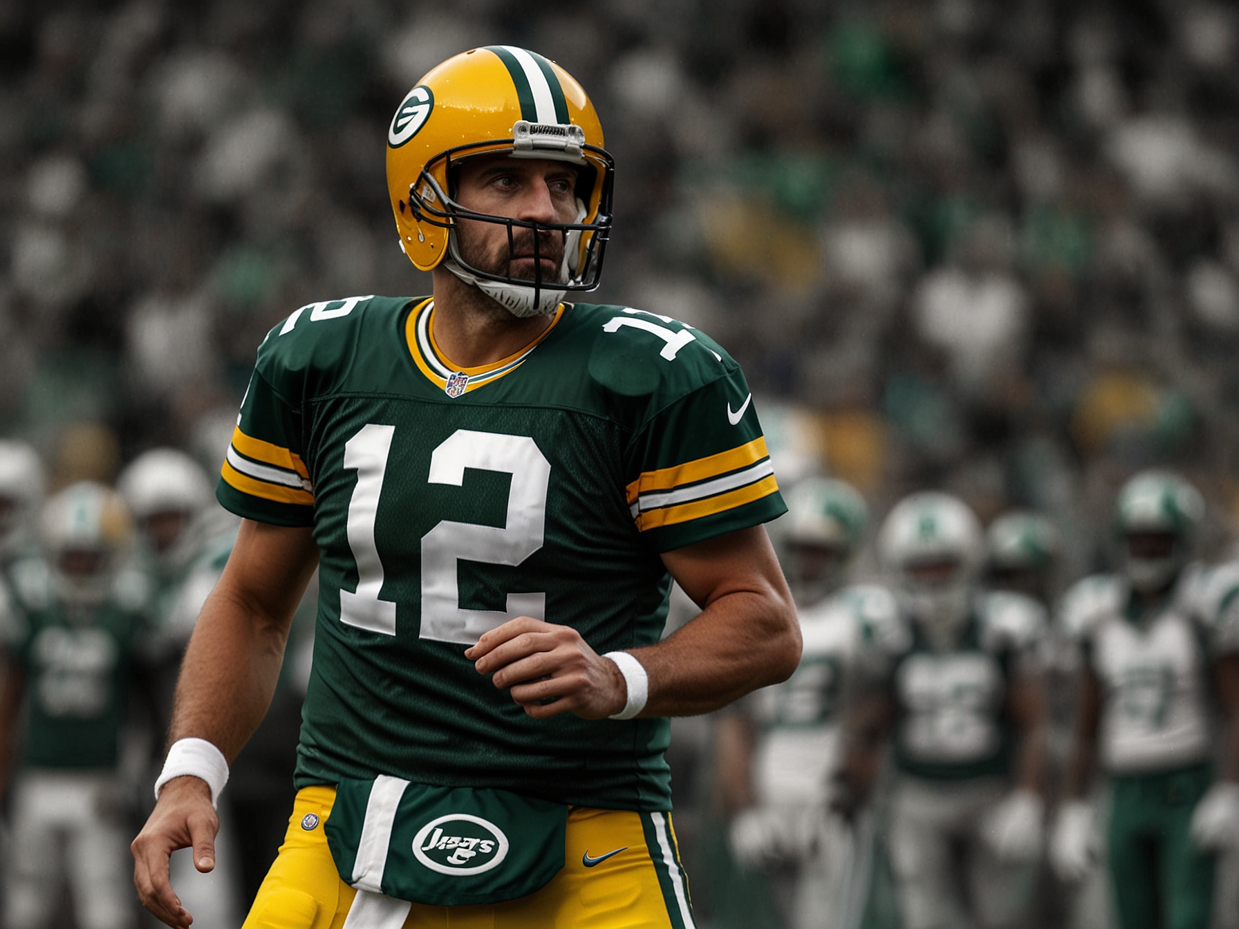 Aaron Rodgers in action during his debut game with the New York Jets, showcasing his passing accuracy and veteran decision-making on the field.
