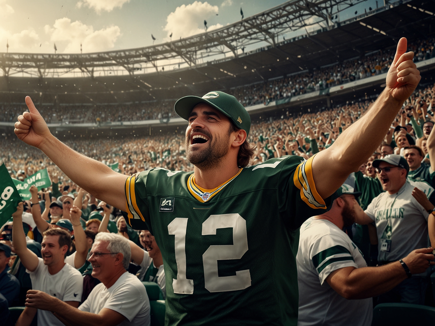 Jets fans in the stadium cheering energetically, reflecting the renewed sense of hope and excitement sparked by Aaron Rodgers's presence on the team.