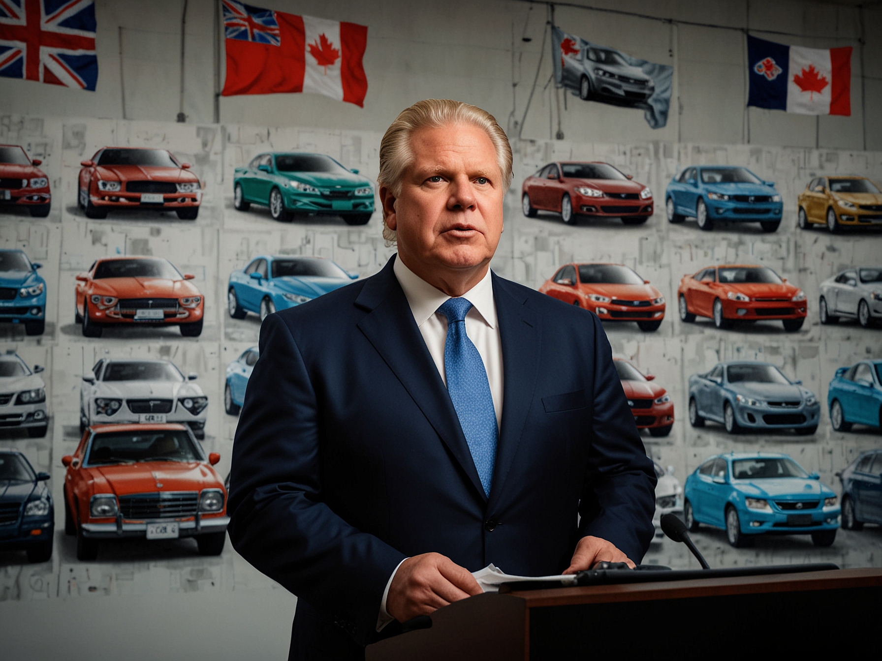 Doug Ford addresses the press, emphasizing the need for tariffs on Chinese EVs to protect Ontario's auto industry jobs. He stands in front of a backdrop featuring Ontario automotive icons.