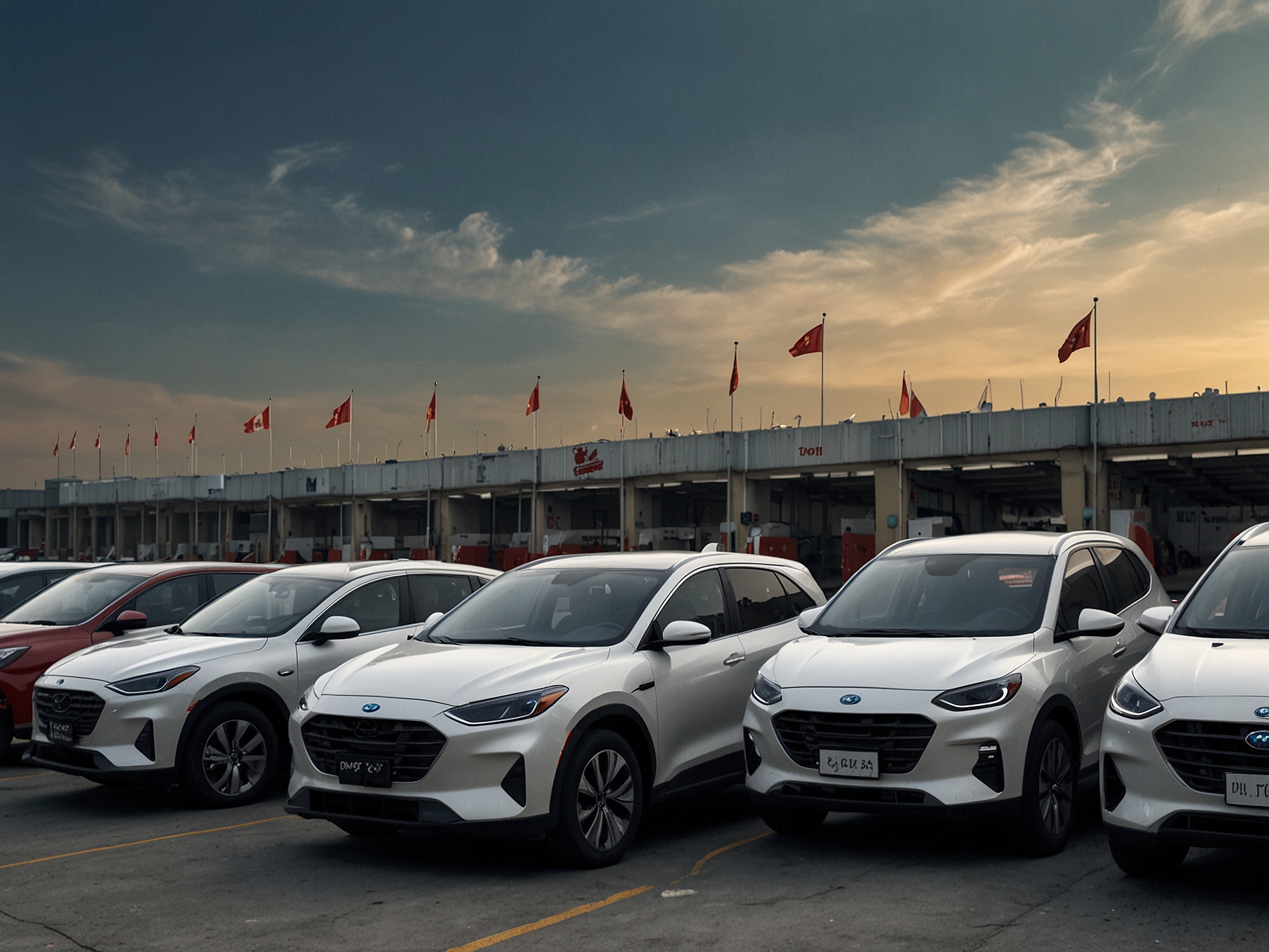Chinese electric vehicles lined up for export. The image highlights the influx of low-cost EVs into the Canadian market, which Doug Ford argues threatens local automotive jobs.