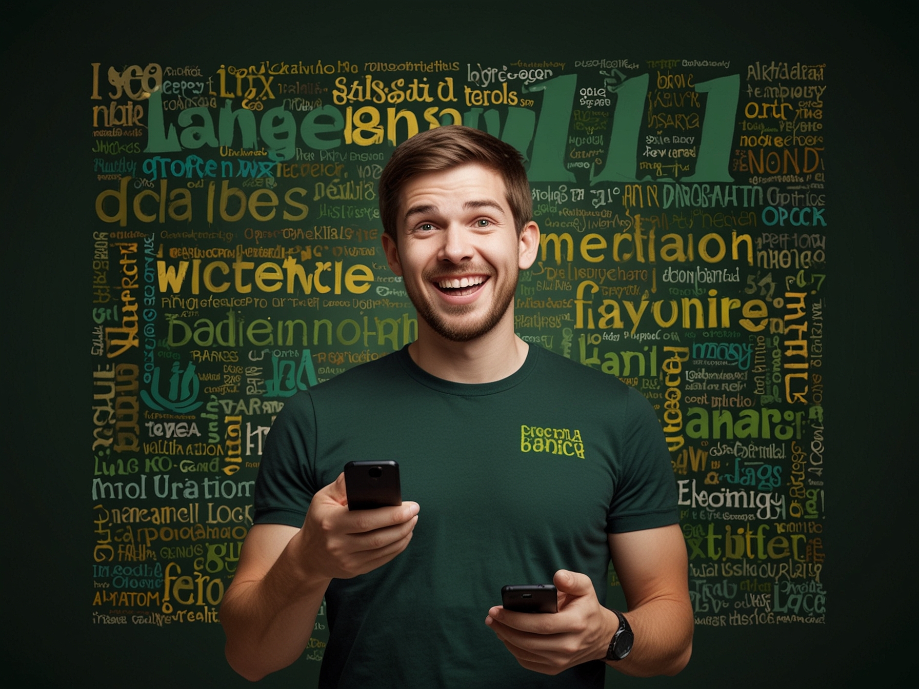 An excited player on a smartphone displays the Wordle #1100 game, showcasing green and yellow letters as they narrow down today's five-letter word.