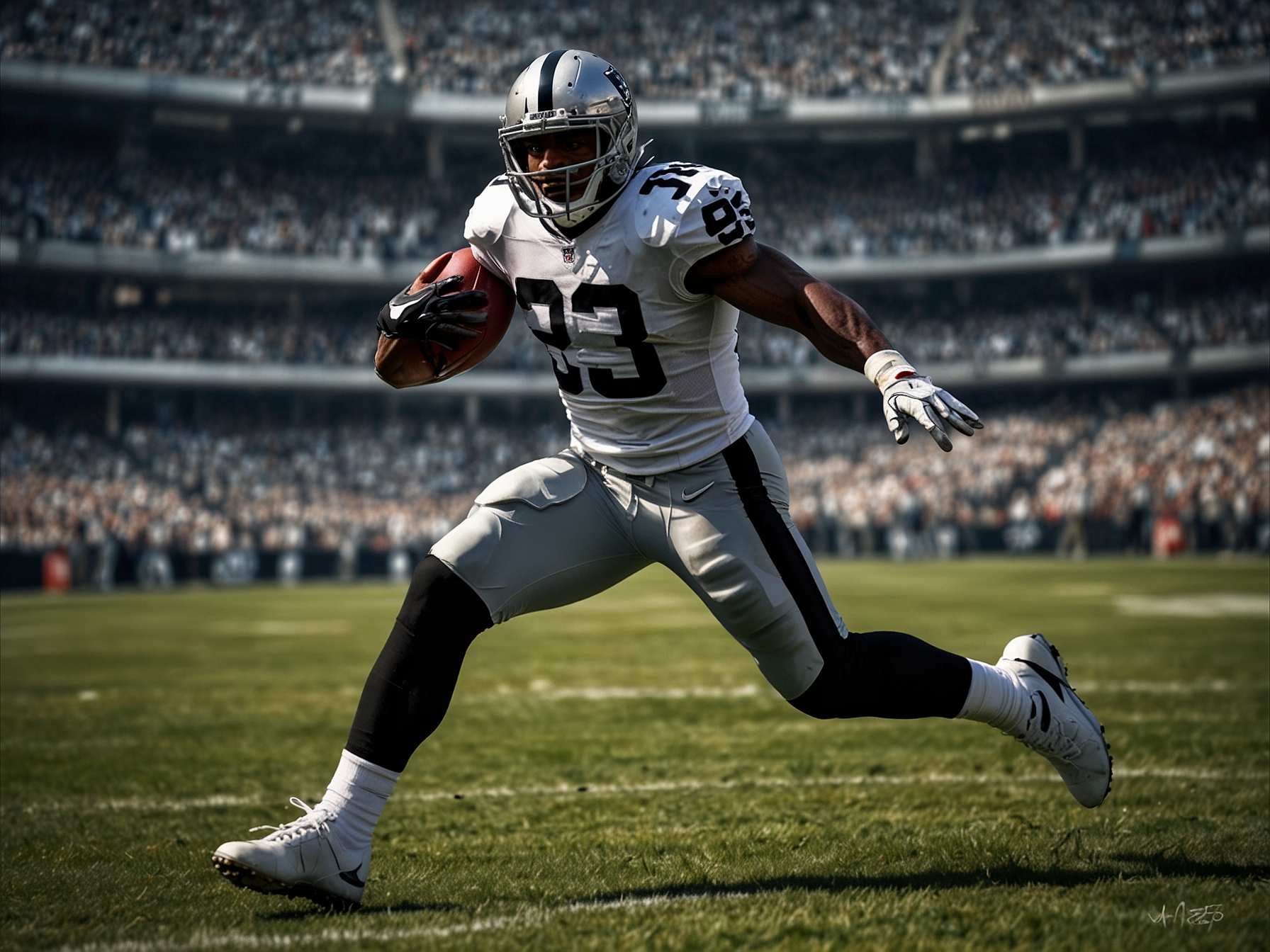 The Raiders' safety in action, showcasing his versatility on the field, making a defensive play during a critical game moment, highlighting his athleticism and football intelligence.