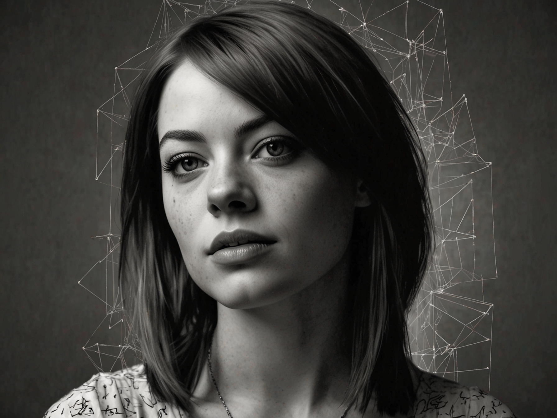 A split image showing Emma Stone on one side, with 'Emily' written, and the other side as her famous 'Emma' persona, showcasing her multifaceted identity.