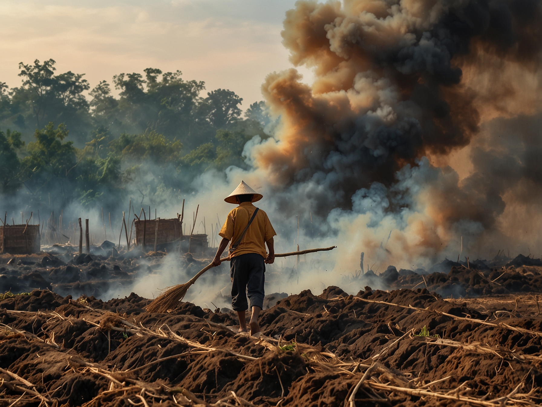 A farmer in Northern Thailand sets fire to crop residues, creating thick smoke that lowers air quality, a common practice during the haze season contributing to severe pollution.
