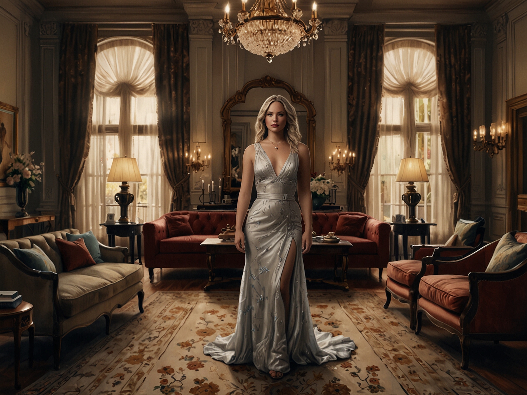 Jennifer Lawrence stands in an opulent living room, surrounded by lavish decor and luxurious furnishings, symbolizing the high-society world her character inhabits in 'The Wives'.