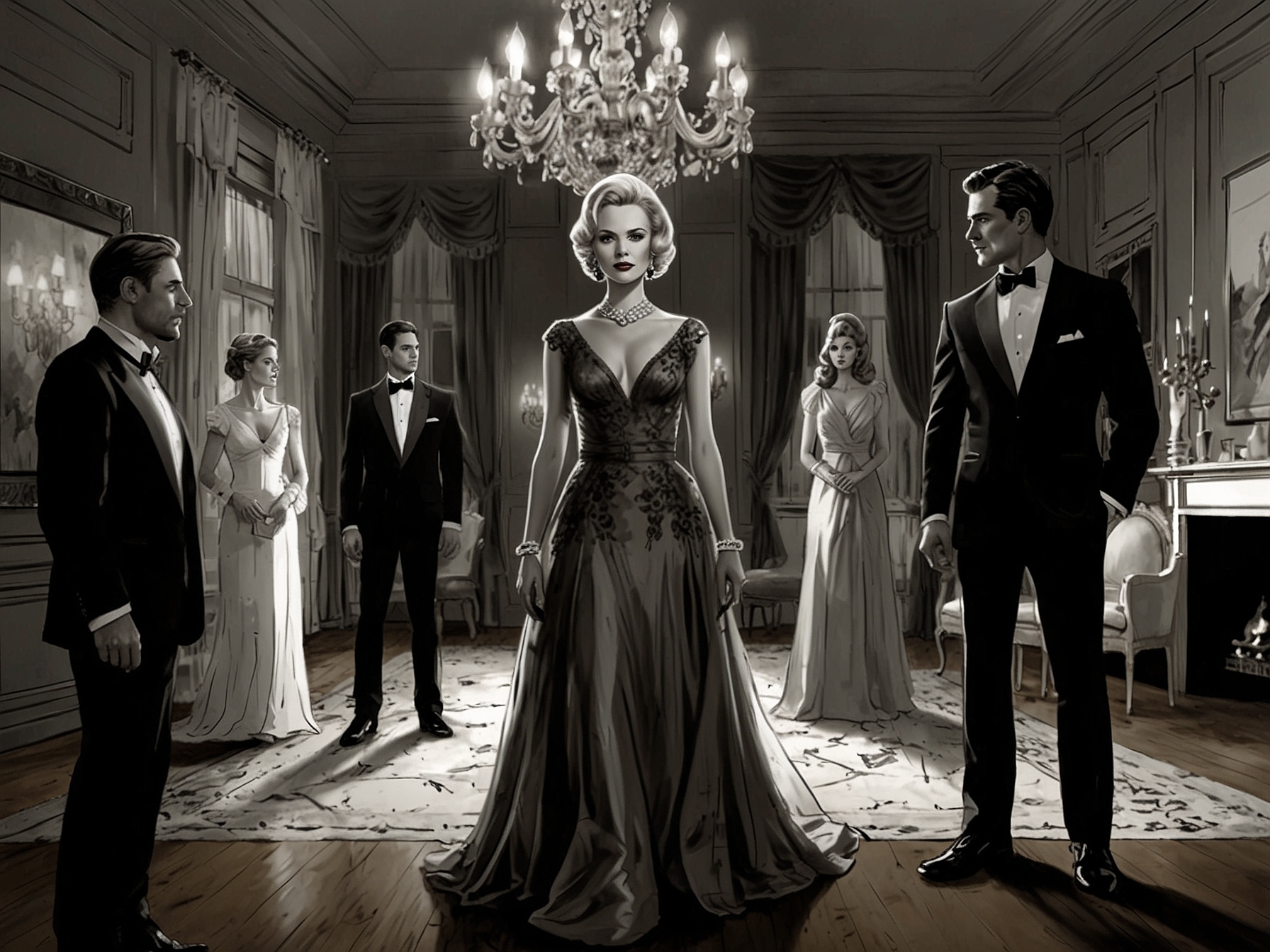 A dramatic scene where the affluent characters, dressed in high fashion, gather with tense expressions, hinting at the underlying secrets and the suspenseful murder mystery in 'The Wives'.