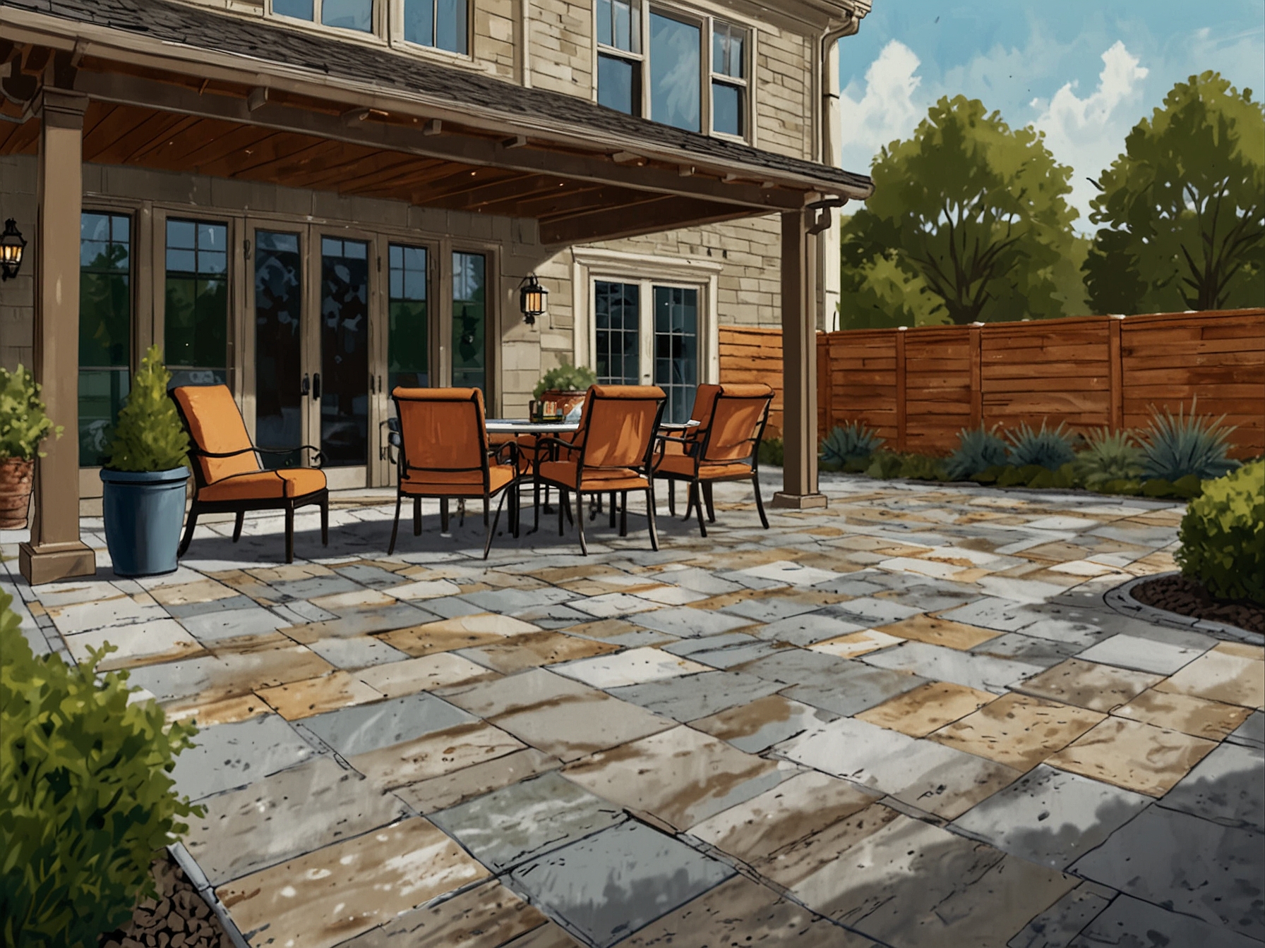 An illustration of a well-maintained patio with properly installed pavers and a solid base, showcasing a professional installation that prevents cracks and withstands seasonal changes.