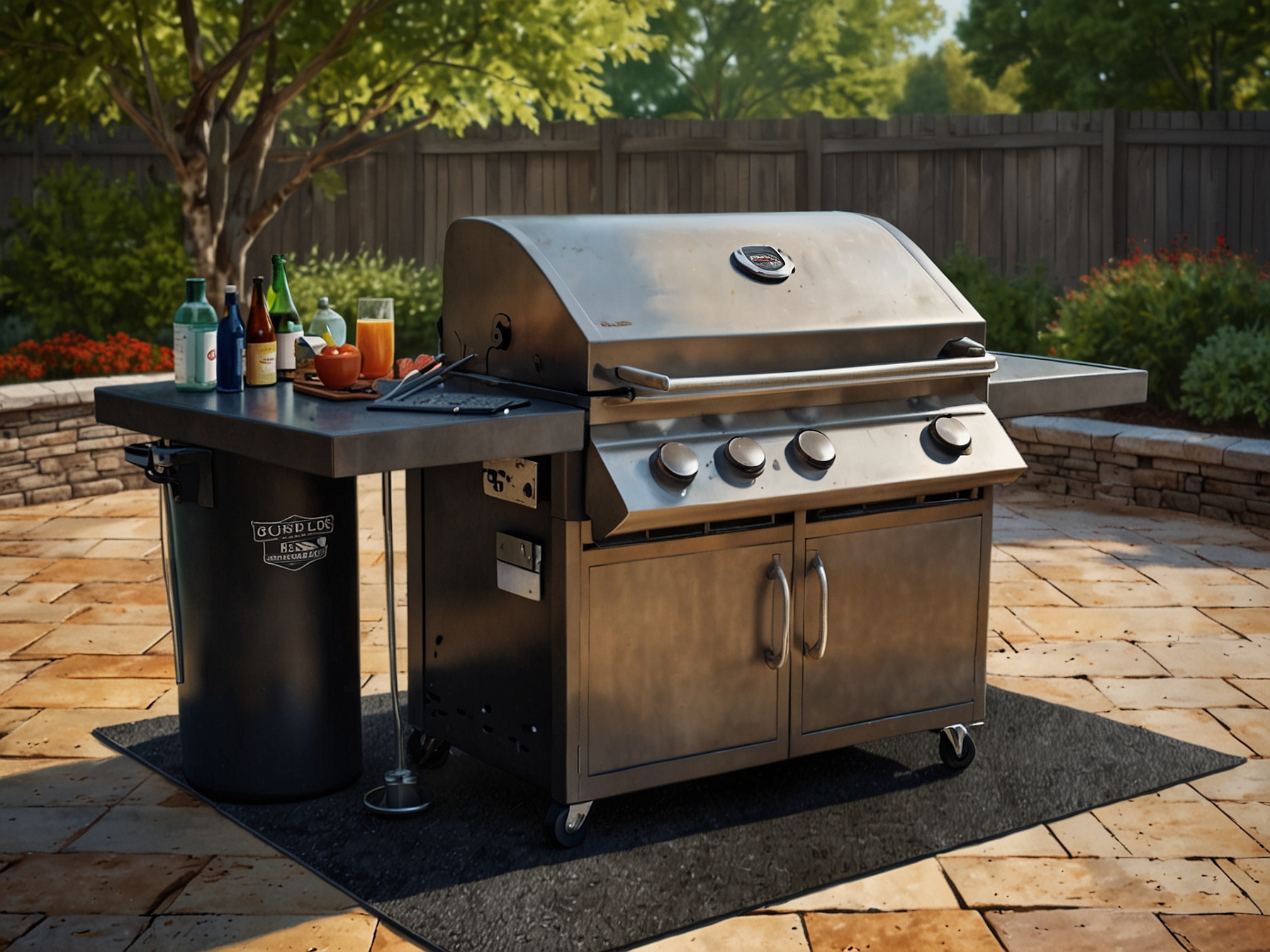 A closer look at a barbecue setup with a protective mat under the grill, showing immediate cleaning practices to avoid stains, and highlighting the use of patio sealers to preserve paver integrity.