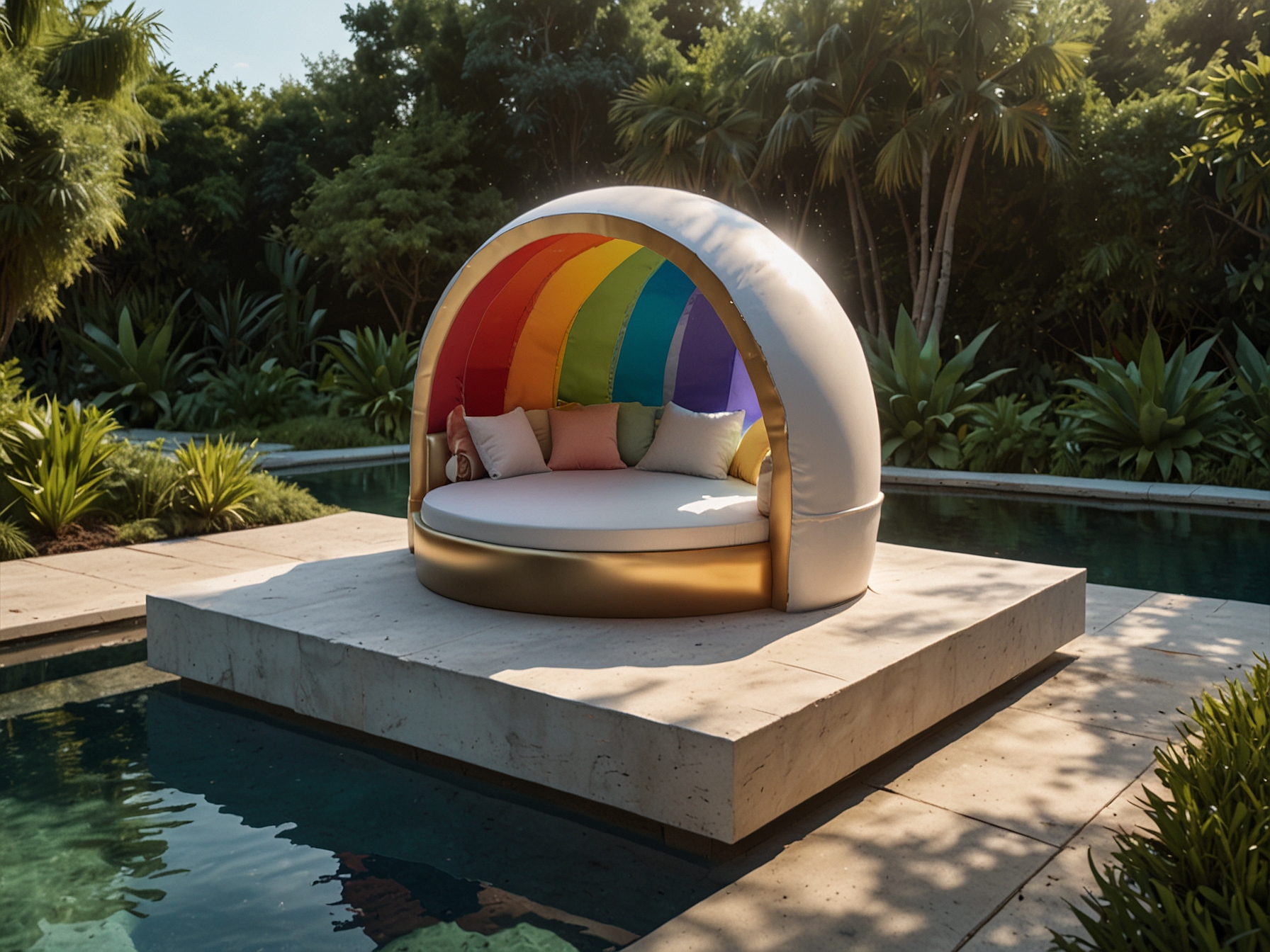 An image showcasing a luxurious FUNBOY Rainbow Cloud Daybed float, complete with a built-in pillow and shaded canopy, set in a sunny pool surrounded by lush greenery.