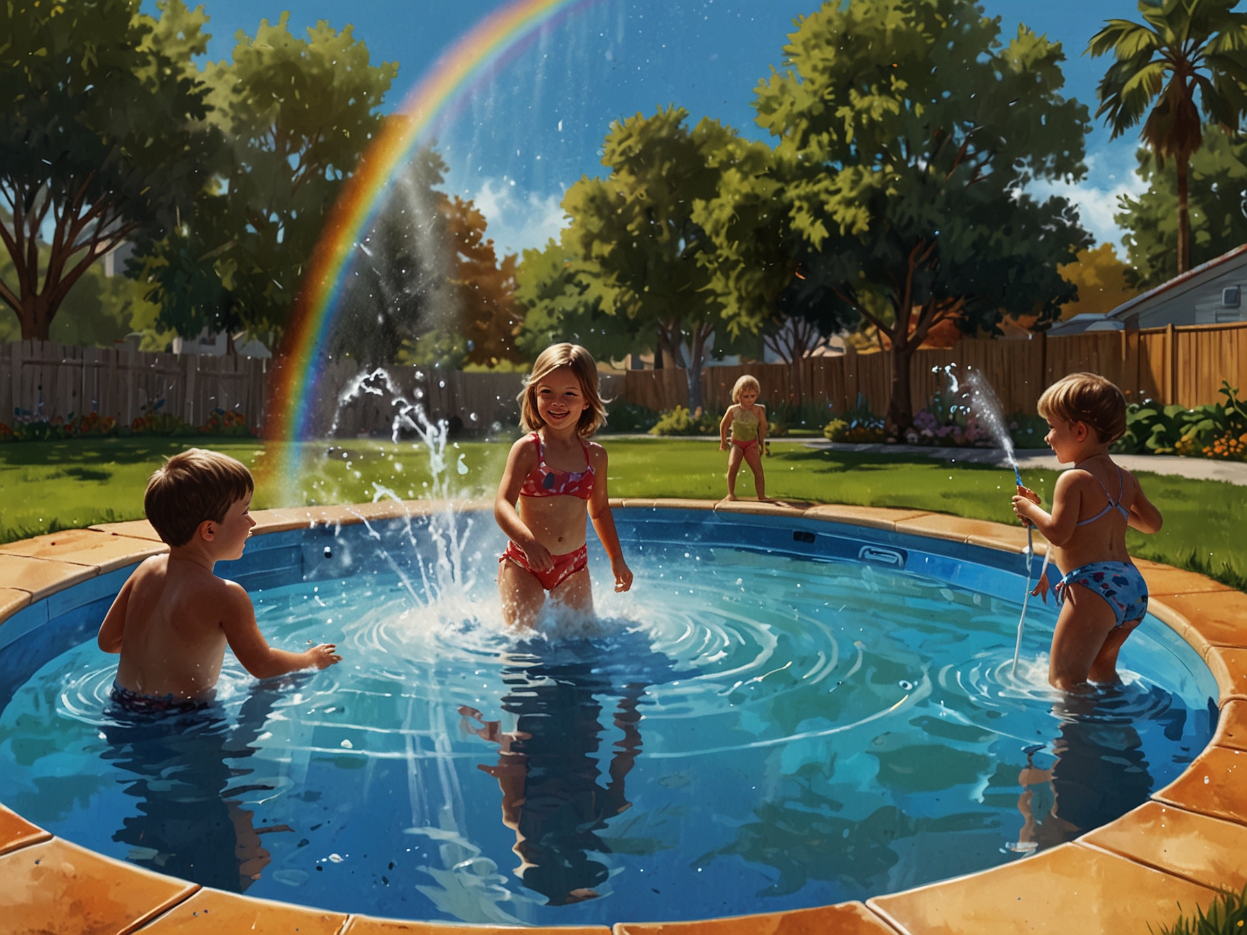 A vibrant scene of a family enjoying the FUNBOY Kid’s Rainbow Sprinkler Pool, with children happily playing in the splash pool and sprinkler system under a clear blue sky.