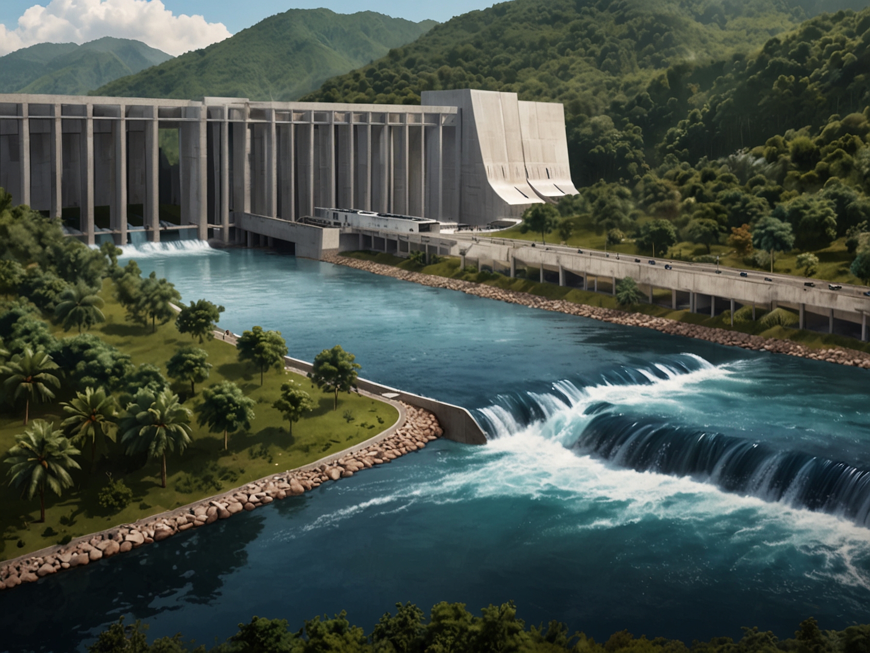 An artist's rendering of the P4.8 billion hydroelectric plant by Filinvest, showcasing the sustainable infrastructure integrated into the natural landscape to generate renewable energy.