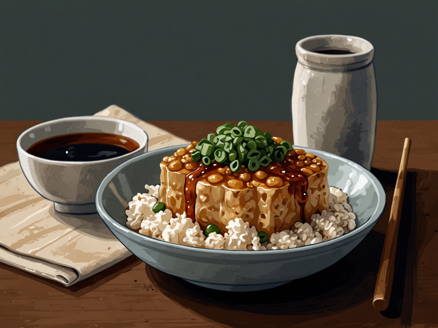 A traditional Japanese breakfast featuring natto served over steamed rice, garnished with chopped green onions, soy sauce, mustard, and shredded nori, showing its culinary versatility.