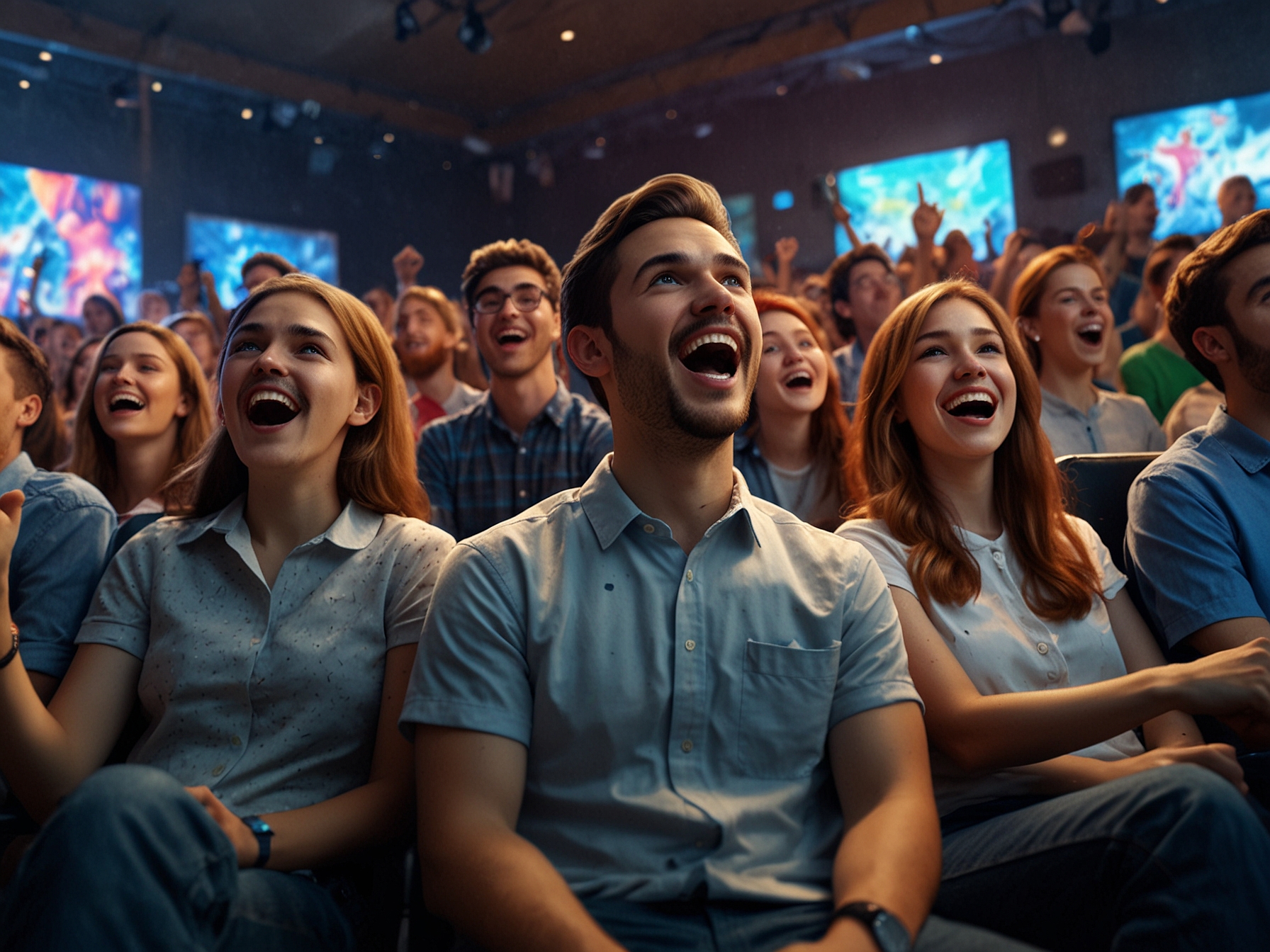 An excited audience watching screens at a gaming showcase event, capturing the vibrant energy and anticipation of new game announcements.