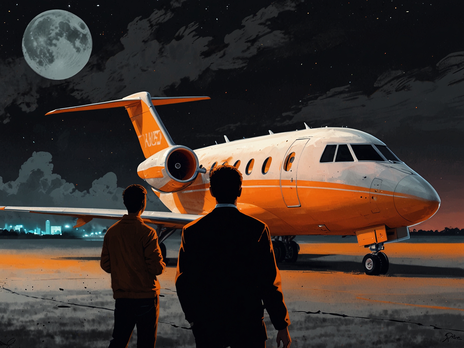Two climate activists spray-paint a line of private jets with bright orange paint at night, showcasing their frustration towards the environmental impact of luxury air travel.