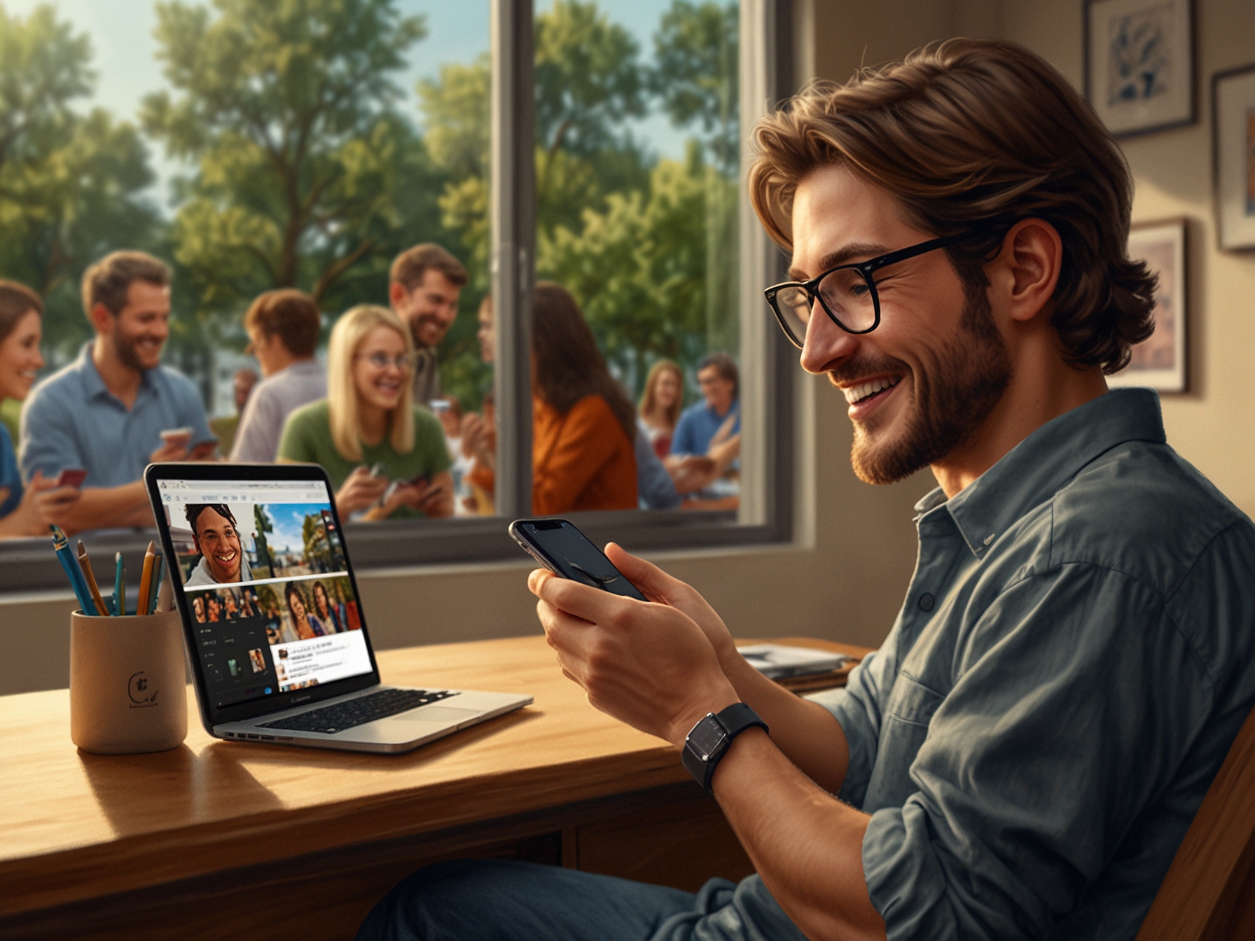 An Apple enthusiast happily using the latest iOS 18 beta version on their iPhone, showcasing the new advanced organizational tools and enhanced FaceTime features.