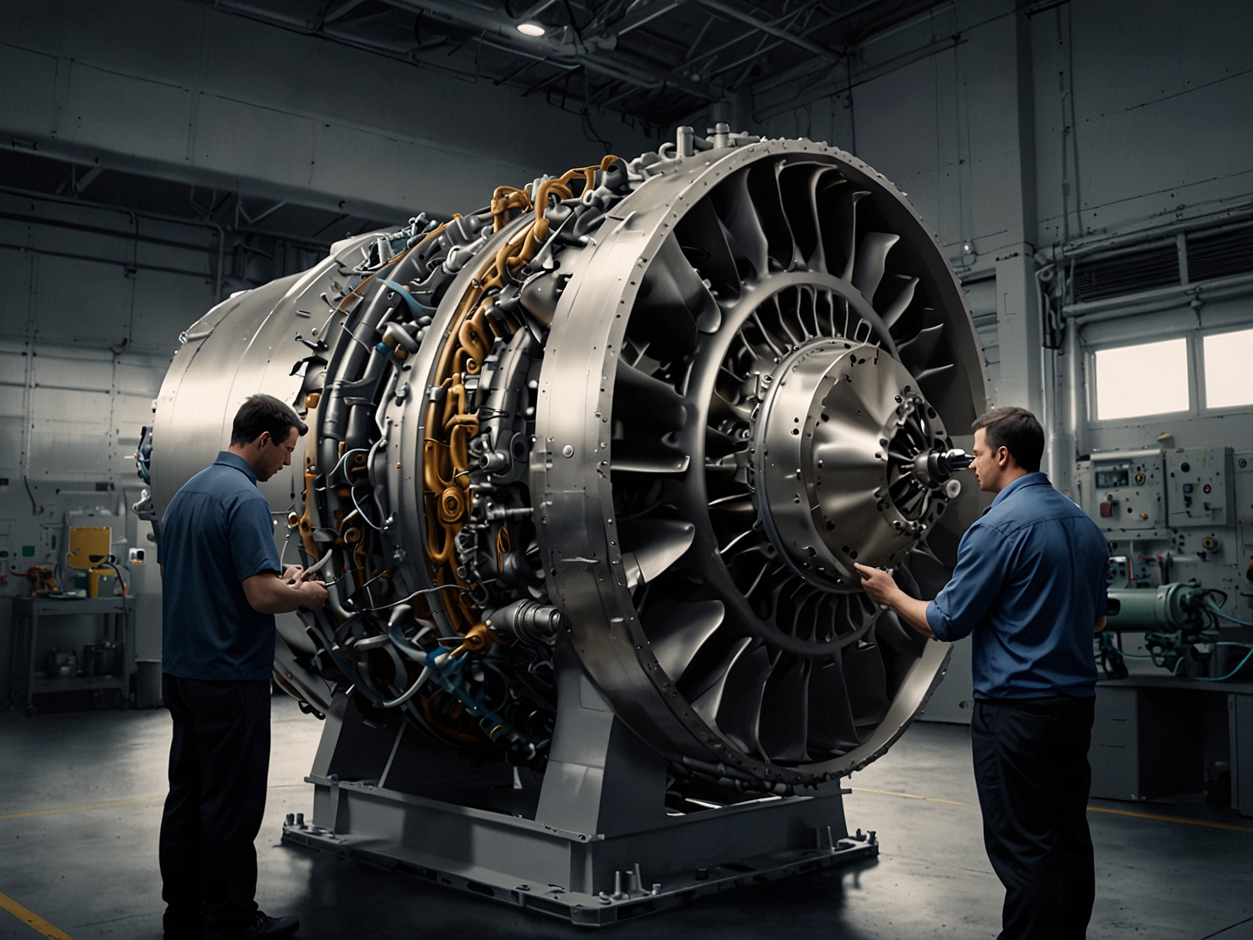 An aircraft engine being examined by engineers, illustrating GE Aerospace's market leadership and technological innovation in providing cutting-edge solutions to the aerospace industry.