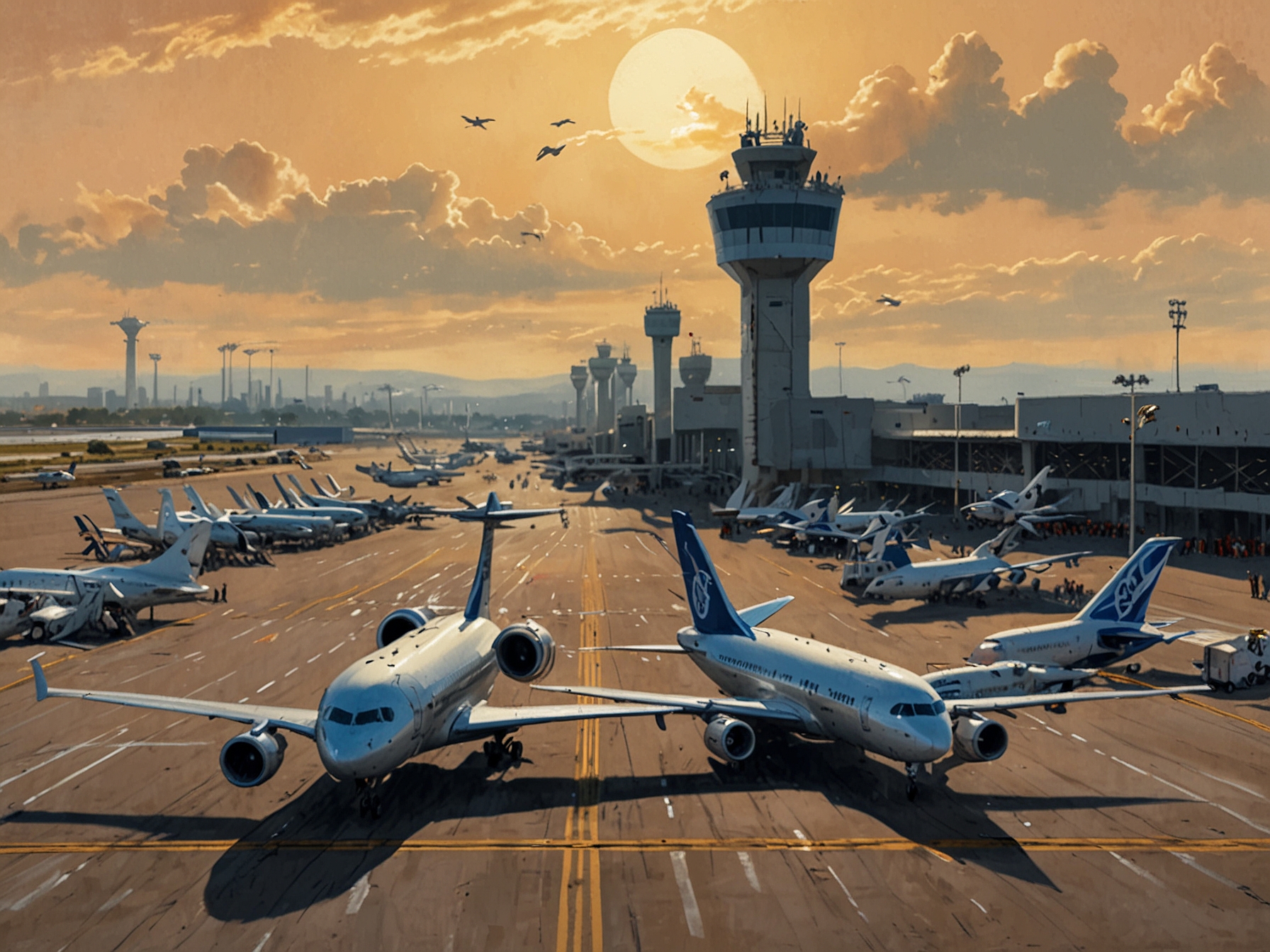 A busy airport runway with multiple aircraft, highlighting the rising demand for air travel and cargo transport, which is a key growth driver for GE Aerospace's future prospects.