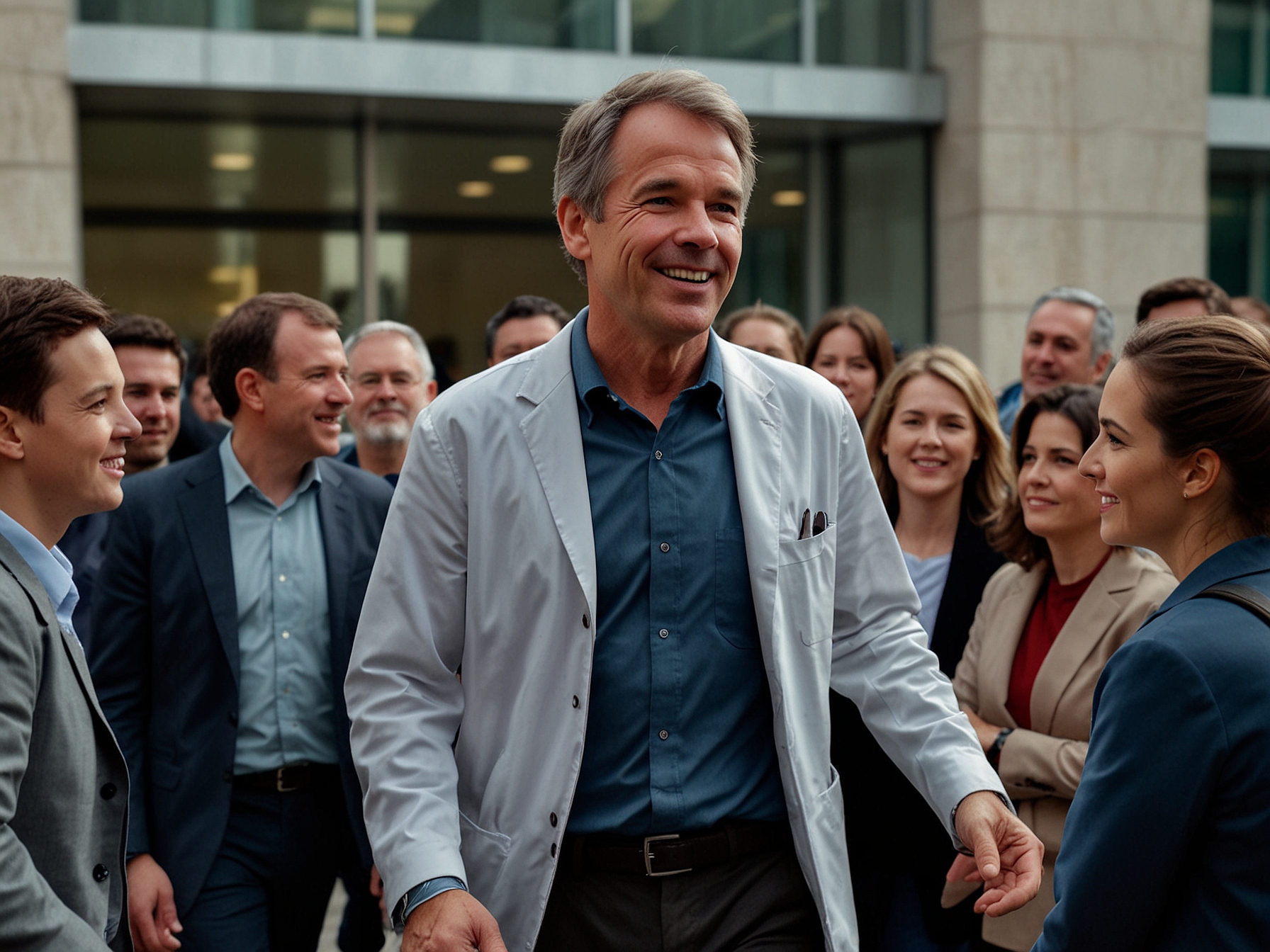 A grateful Alan Hansen leaving the hospital, surrounded by supportive fans and media. This marks a significant milestone in his recovery and highlights the community's support.