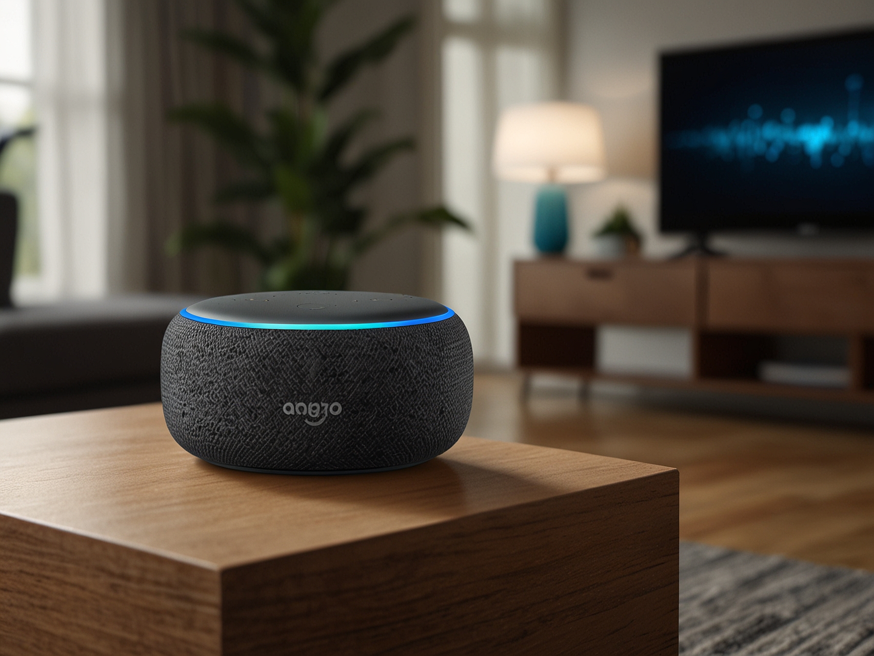 An image showcasing the latest Echo Dot (5th Gen) smart speaker placed in a modern living room setup, highlighting its compact size and rich sound quality, perfect for Alexa integration.