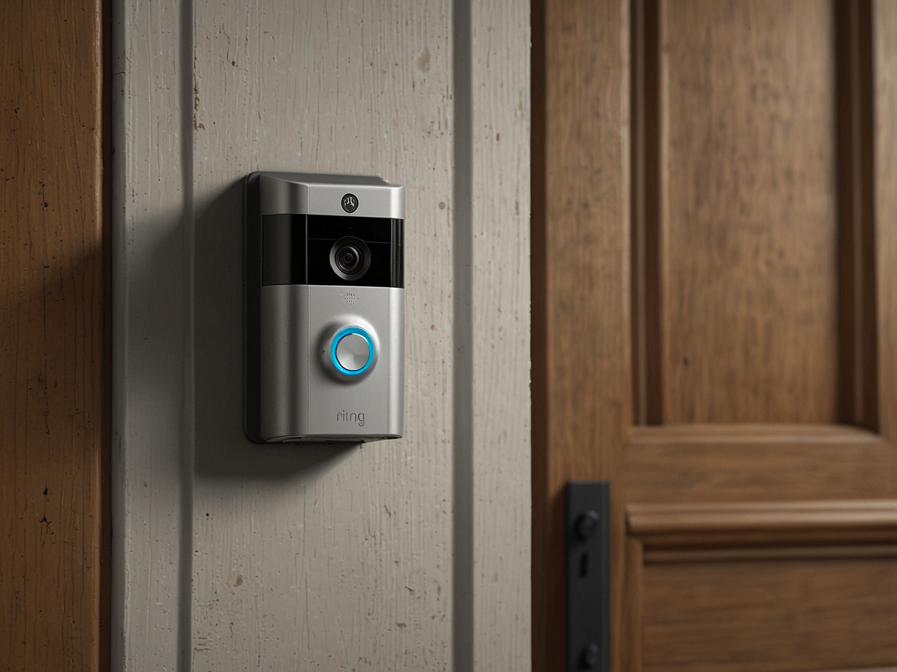 A photo illustrating the Ring Video Doorbell 4 installed at a front door, emphasizing its motion detection and video preview features, seamlessly controlled via Alexa.