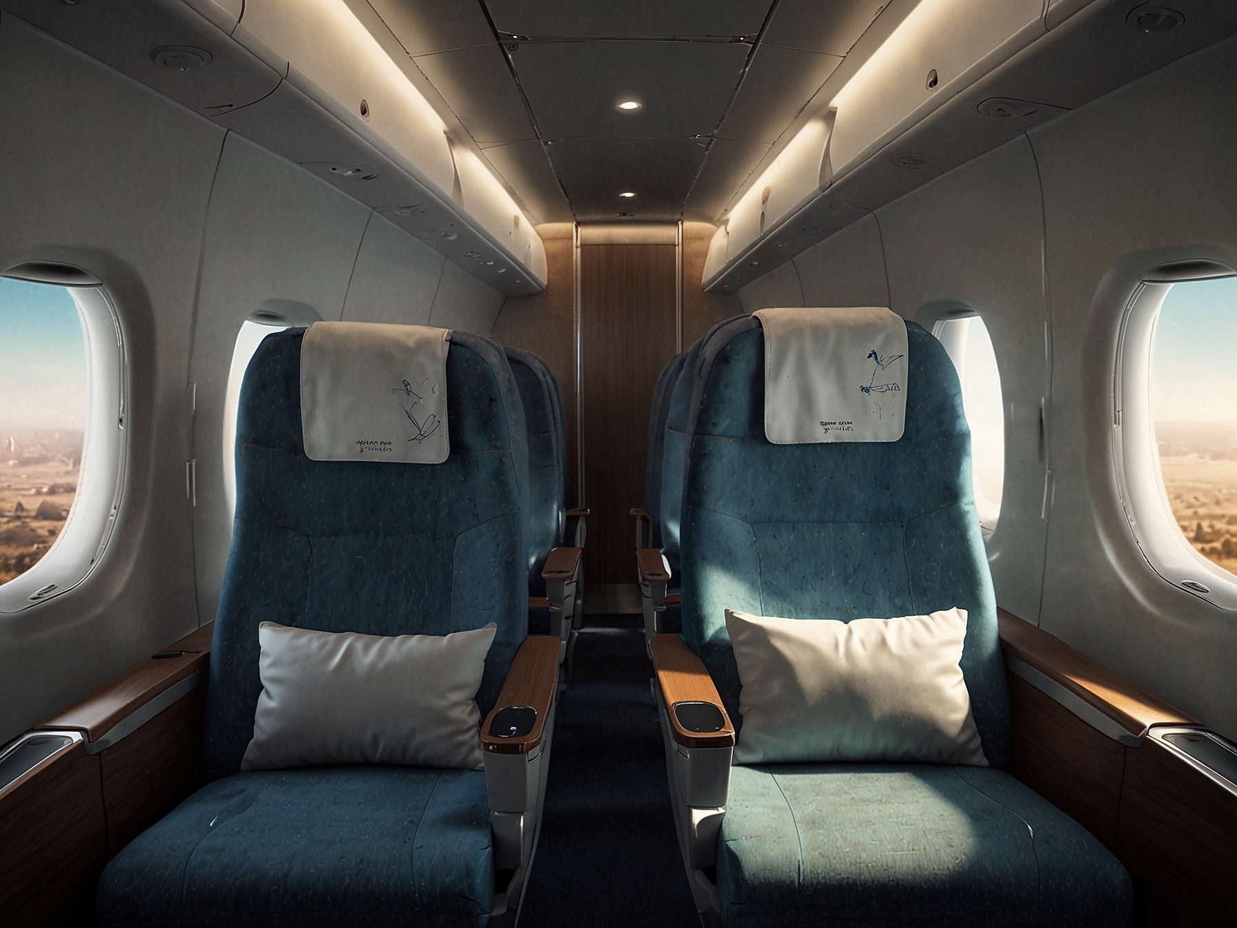 The interior of French bee's Airbus A350-900 Premium Class featuring spacious 2-3-2 seating arrangements with ample legroom, footrests, and adjustable headrests for passengers' comfort.