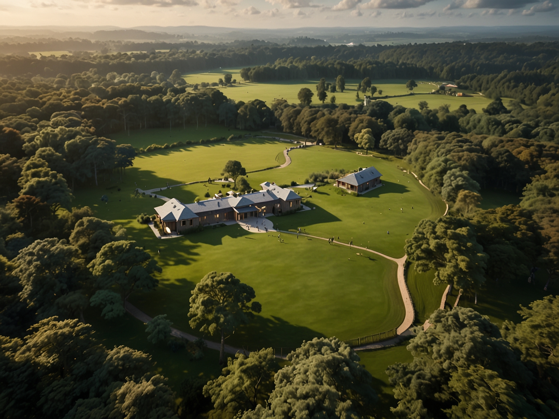 An aerial view of the serene UK deer park where new eco-friendly holiday lodges will be built, offering guests luxurious accommodations amidst lush greenery and wildlife.