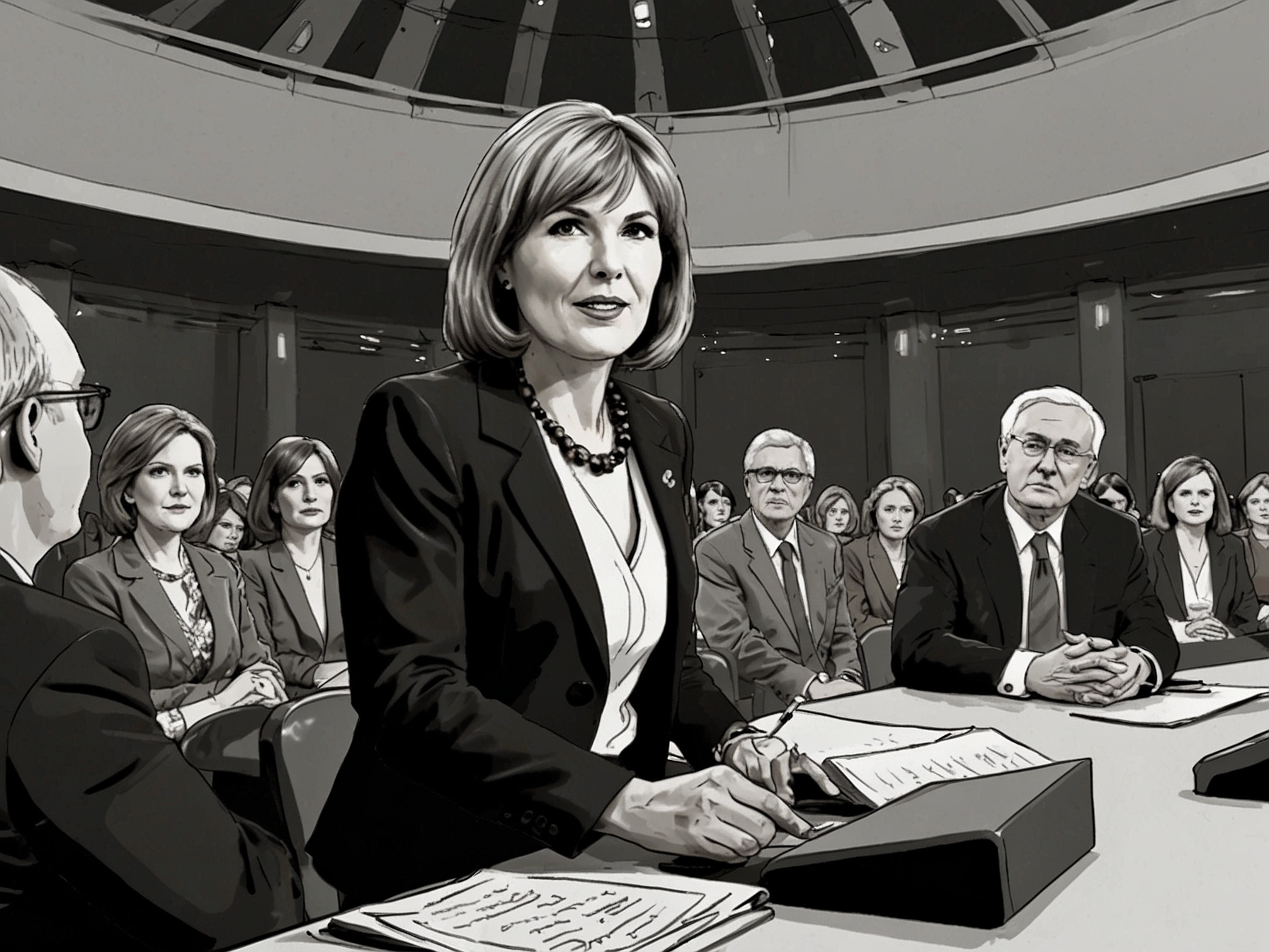 Fiona Bruce moderating a heated debate on BBC’s Question Time, ensuring fair representation and orderly discussion as political leaders face questions from the audience.