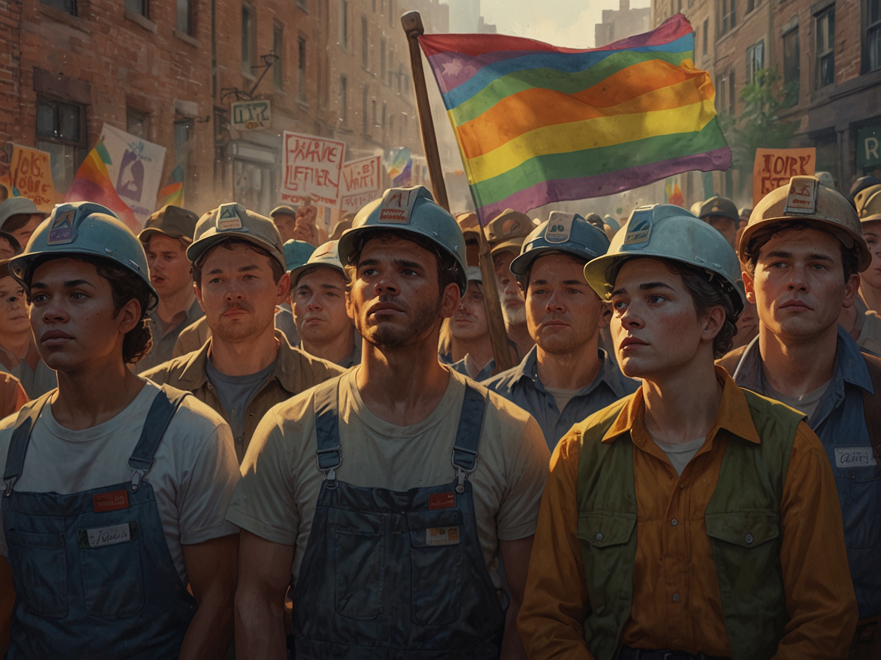 A still from 'Pride' featuring LGBTQ+ activists and miners standing together in solidarity, capturing the film's central theme of unity amidst adversity.