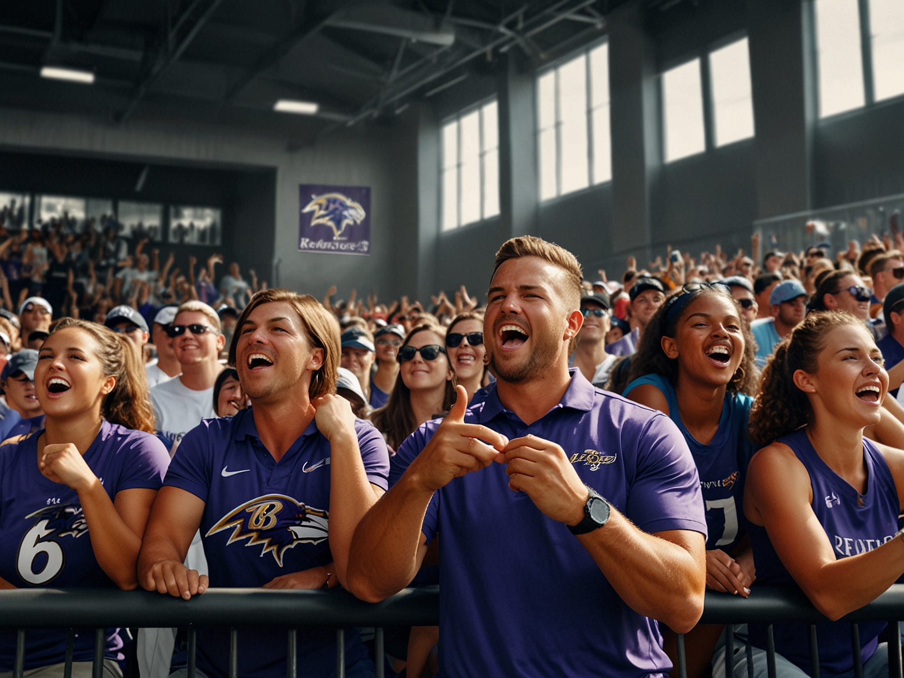 Fans cheer while watching the Baltimore Ravens during an open training camp practice at the Under Armour Performance Center, capturing the excitement and engagement of the community.