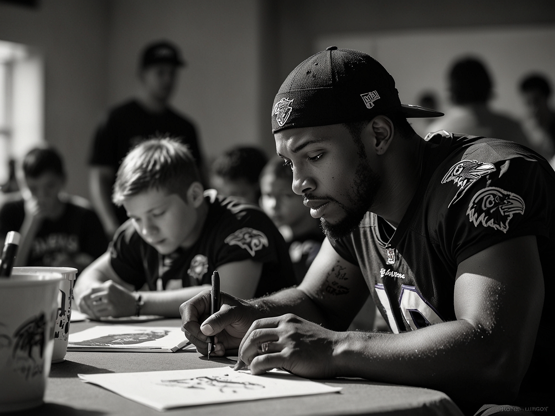 Ravens players interact with young fans during an autograph session at one of the open training camp practices, highlighting the team's commitment to connecting with the community and enhancing fan experiences.