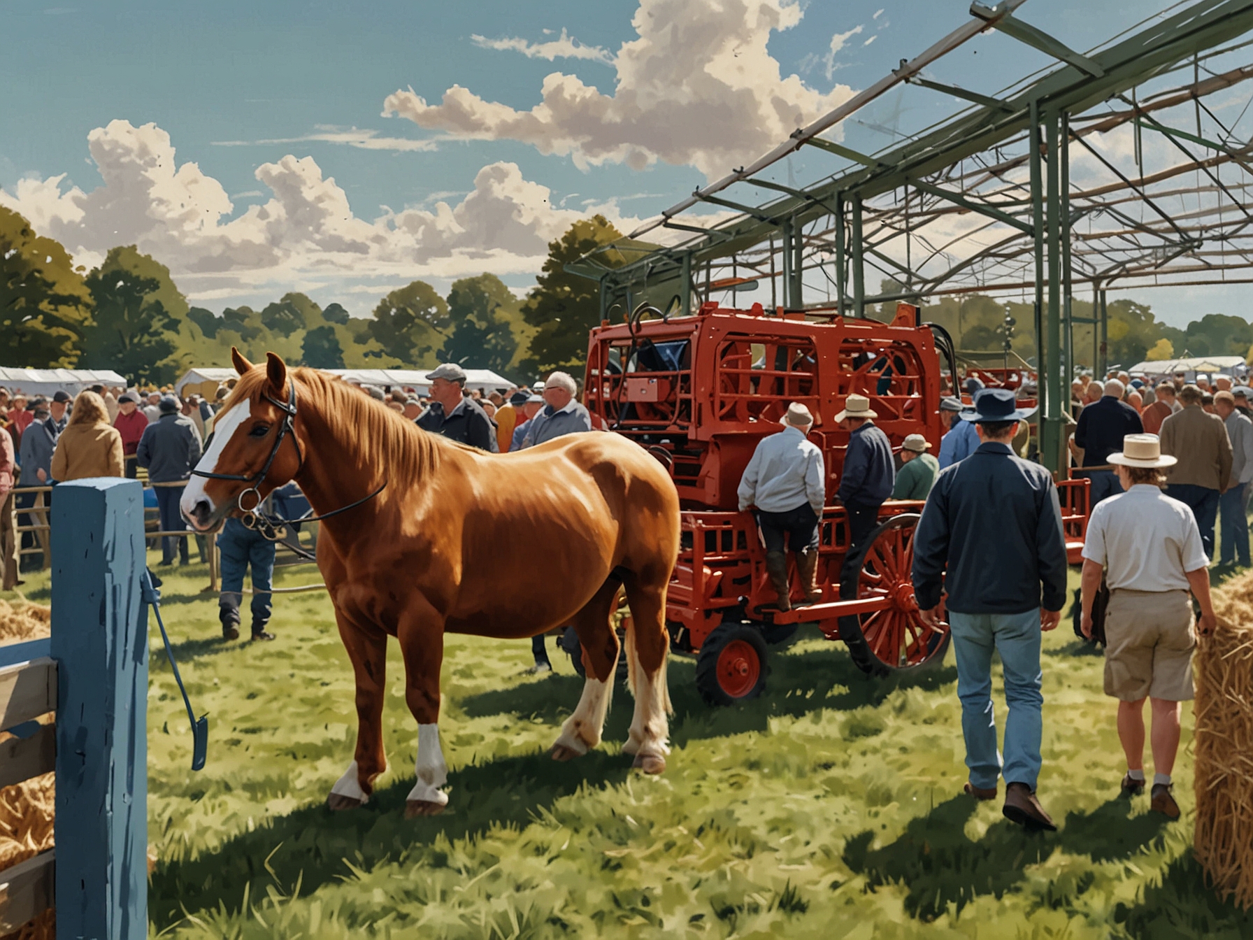 A bustling scene at the Cheshire Show with visitors observing an array of agricultural machinery, livestock pens, and pony club races, reflecting the vibrant agricultural heritage of rural Britain.