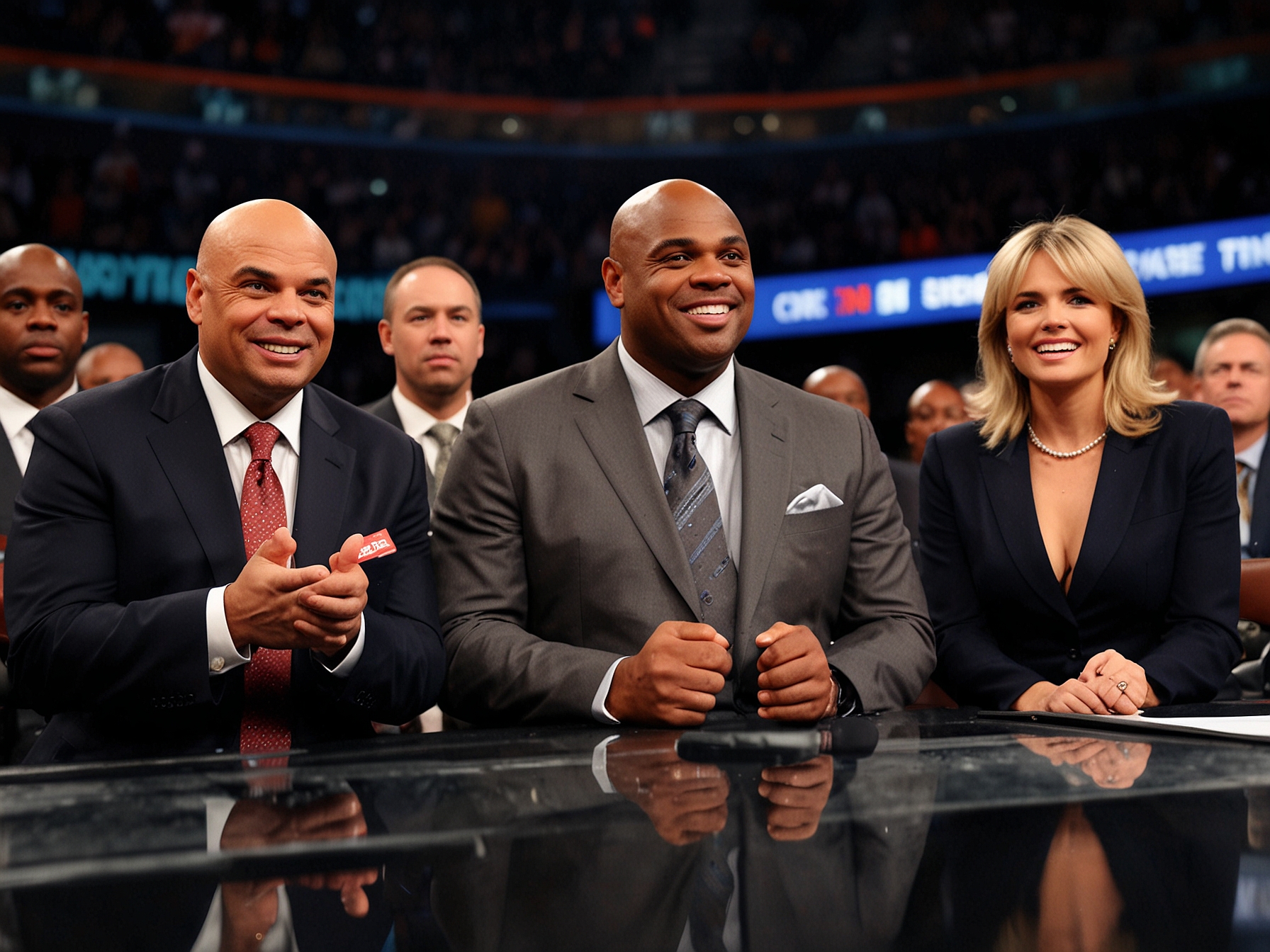 Charles Barkley delivering his final on-air commentary on TNT's 'Inside the NBA', surrounded by his co-hosts who are visibly emotional as they bid farewell to the Hall of Famer.