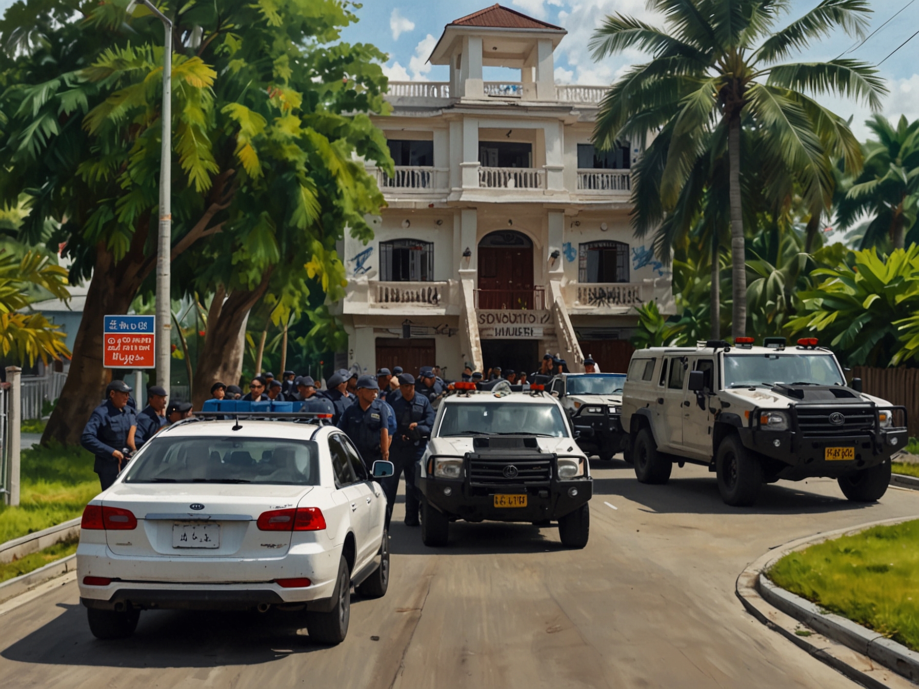 Heavily armed officers and armored vehicles surround the property of controversial religious leader Apollo Quiboloy during a high-profile raid by the PNP and CIDG.