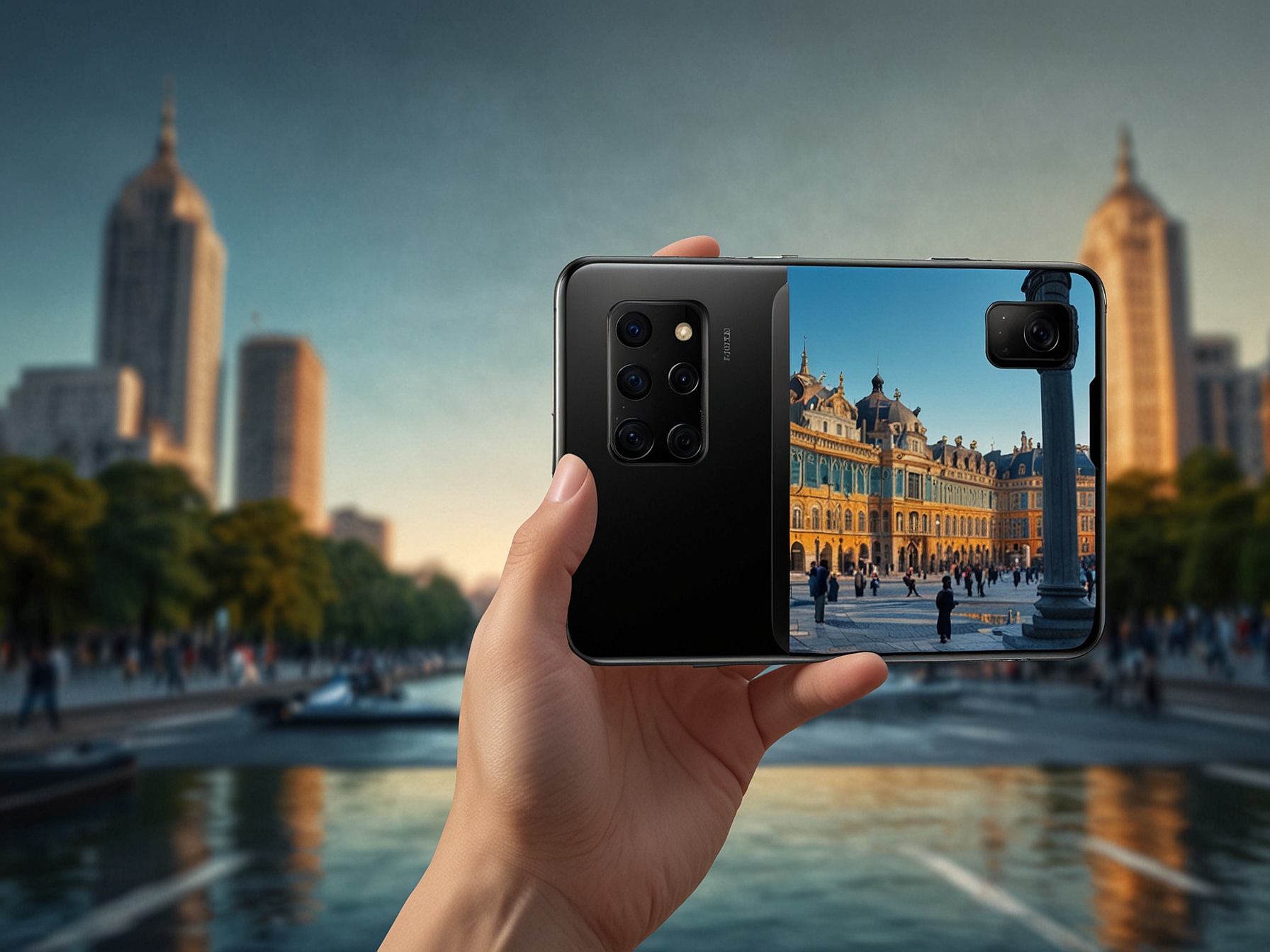 The Realme GT 6's triple-camera setup, including a high-resolution primary sensor and ultra-wide-angle lens, highlighting its advanced photographic capabilities.