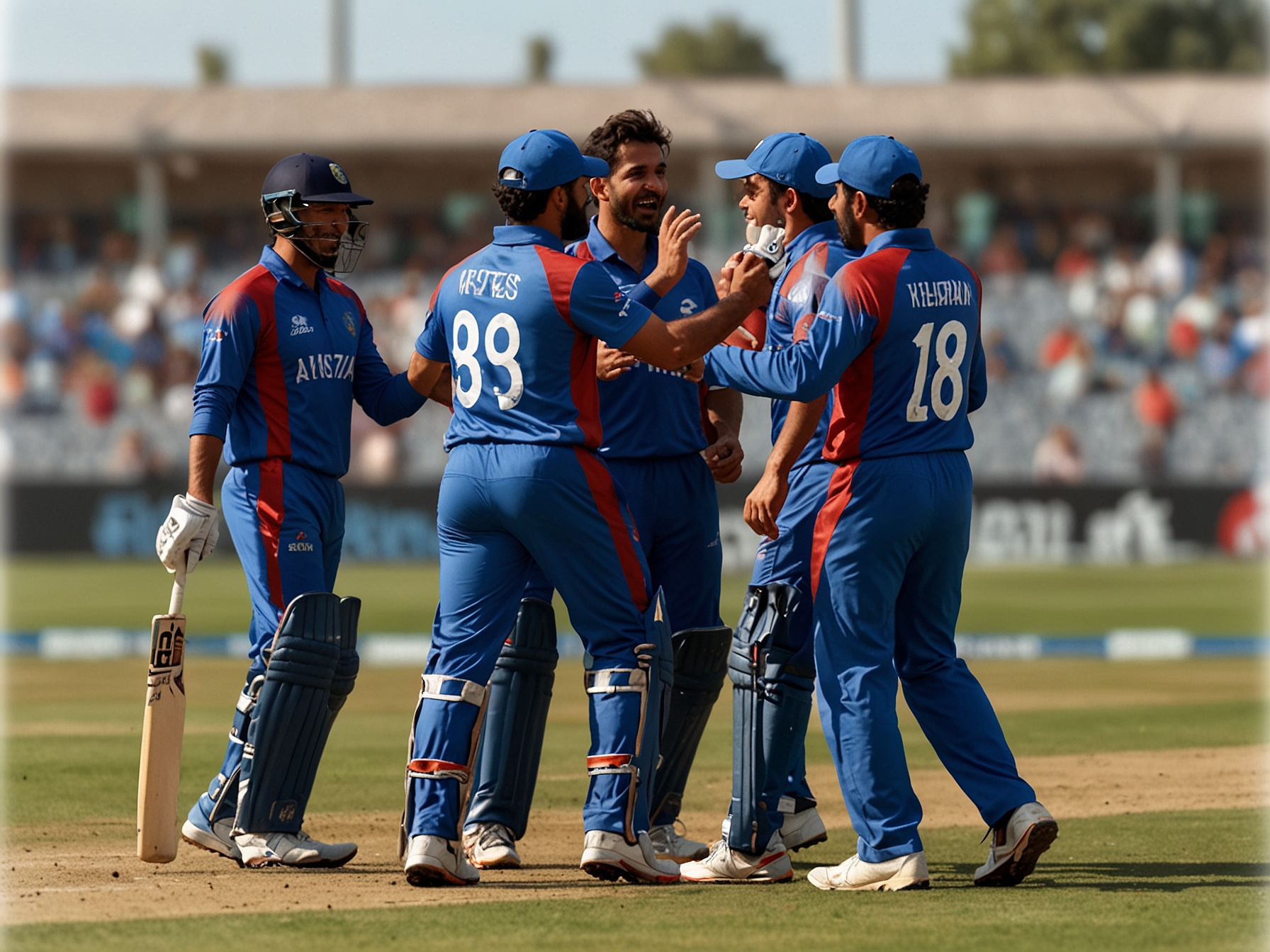 The Afghan cricket team celebrating a crucial wicket during their match against Australia in the 2023 ODI World Cup, showcasing their determination and skill on the international stage.