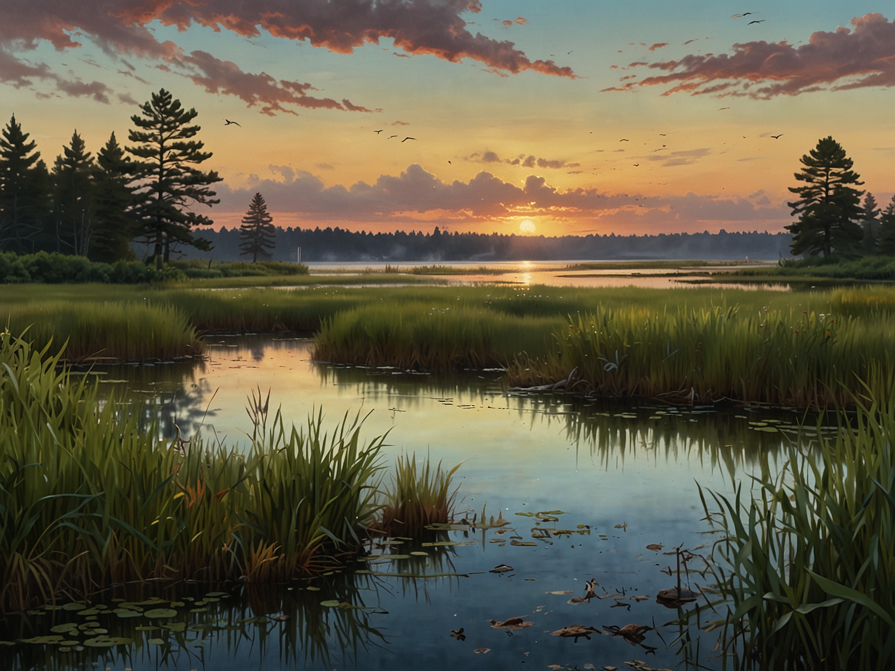 A serene depiction of Maine’s marshlands, capturing the essence of Parker’s 'Marshpunk', with frogs, cattails, and herons intricately rendered to showcase the poems' vibrant imagery.