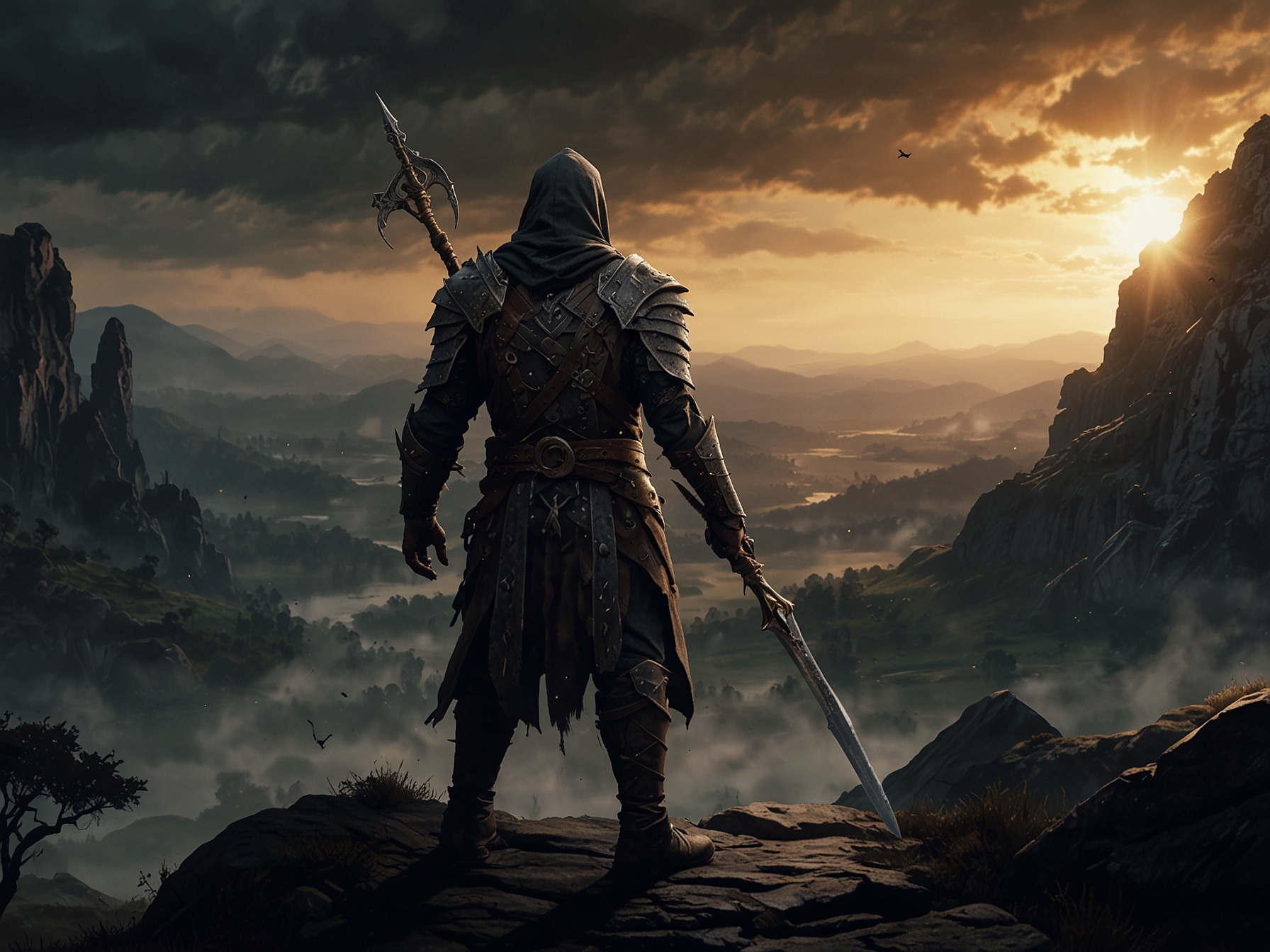 An Elden Ring player character, equipped with upgraded gear, stands ready for battle in a majestic, ominous landscape, hinting at the challenging new areas introduced in the Shadow of the Erdtree DLC.