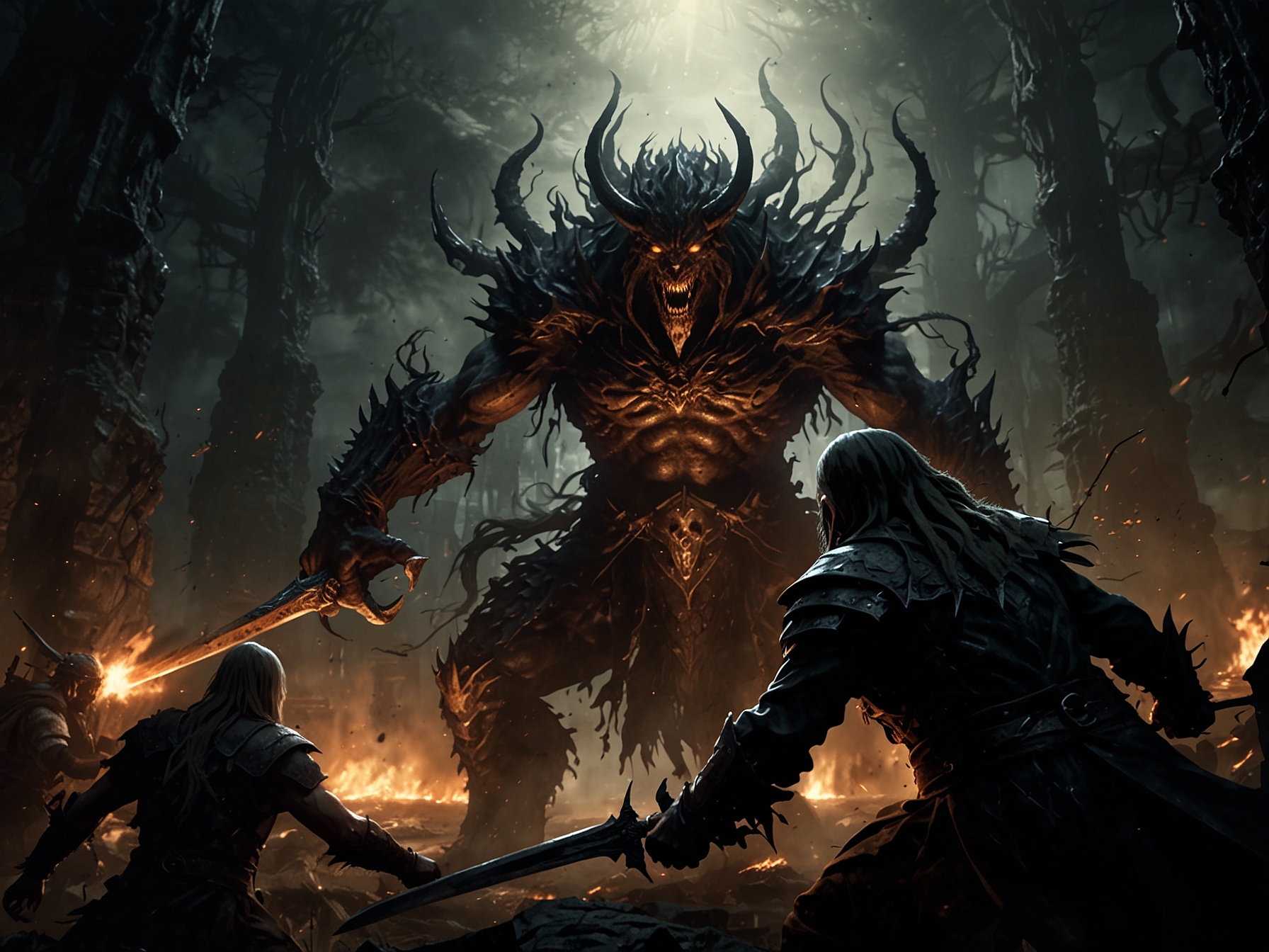 In-game screenshot of an intense boss battle from Elden Ring’s Shadow of the Erdtree DLC, showing a high-level player skillfully dodging attacks while companions provide support in a dark, foreboding environment.
