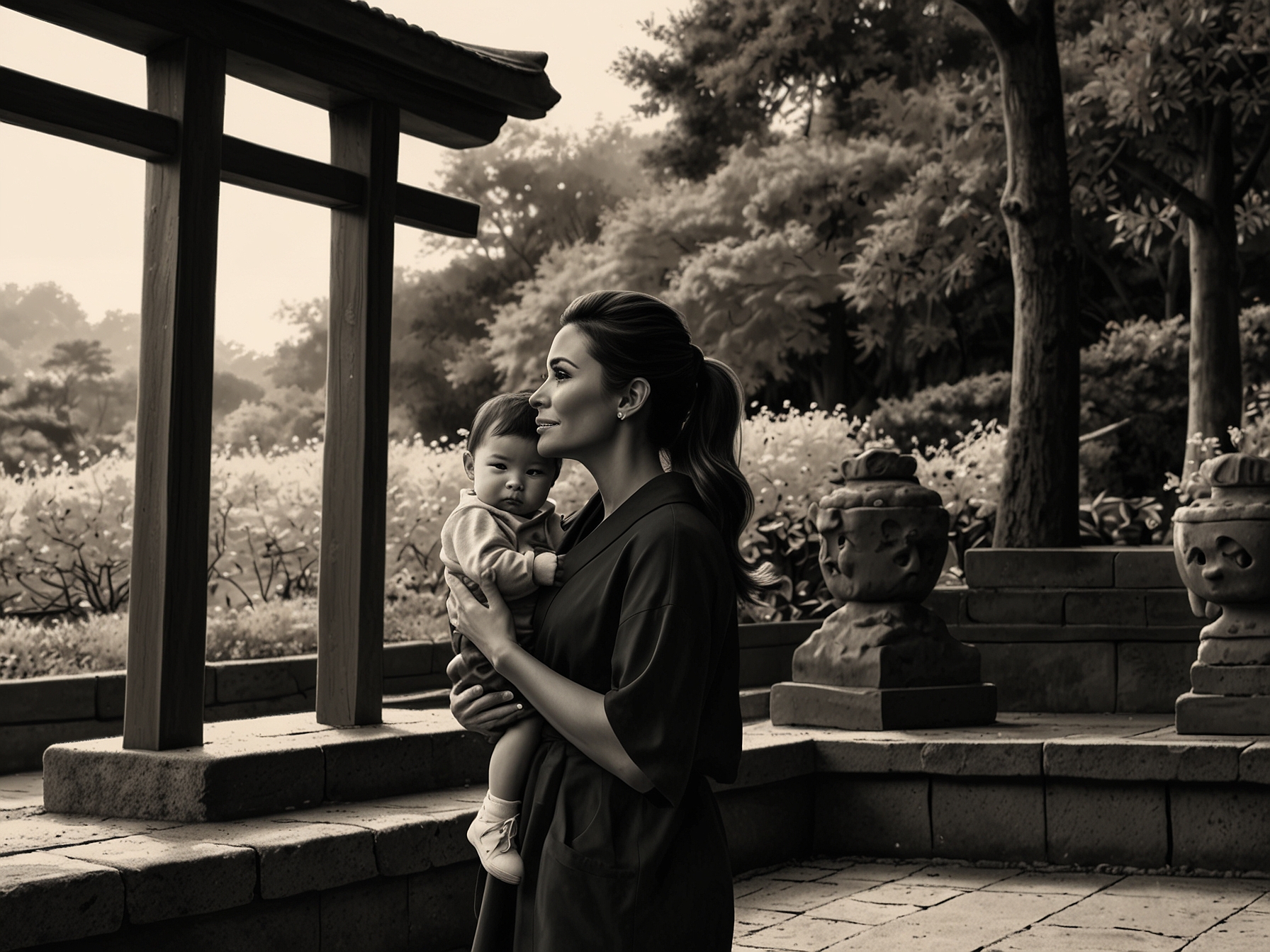 Eva Longoria and her son Santiago exploring a traditional Japanese shrine, capturing Santiago's fascination with Japanese culture during their educational trip to Japan.