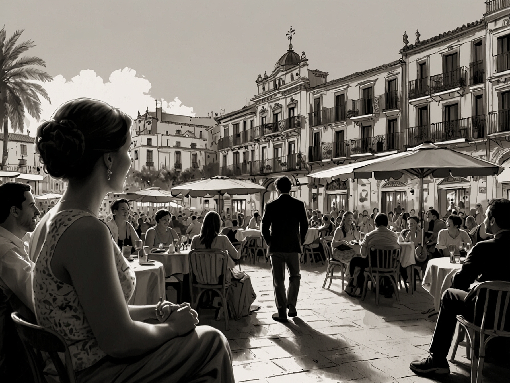 Santiago immersed in Spanish culture, watching flamenco dancers perform in a vibrant setting, depicting their memorable family trip to Spain filled with cultural insights.