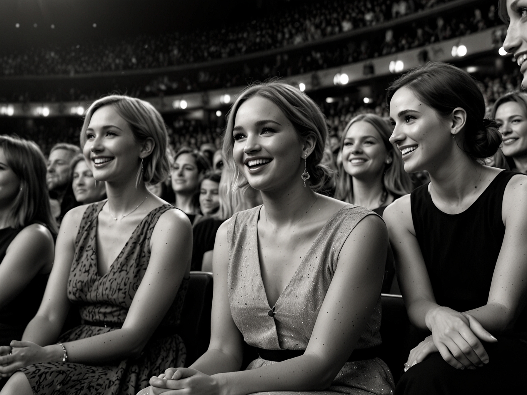 Celebrities like Jennifer Lawrence, Emma Watson, and Meghan Markle spotted in the audience, smiling and enjoying Taylor Swift's captivating performance at the London Eras Tour.