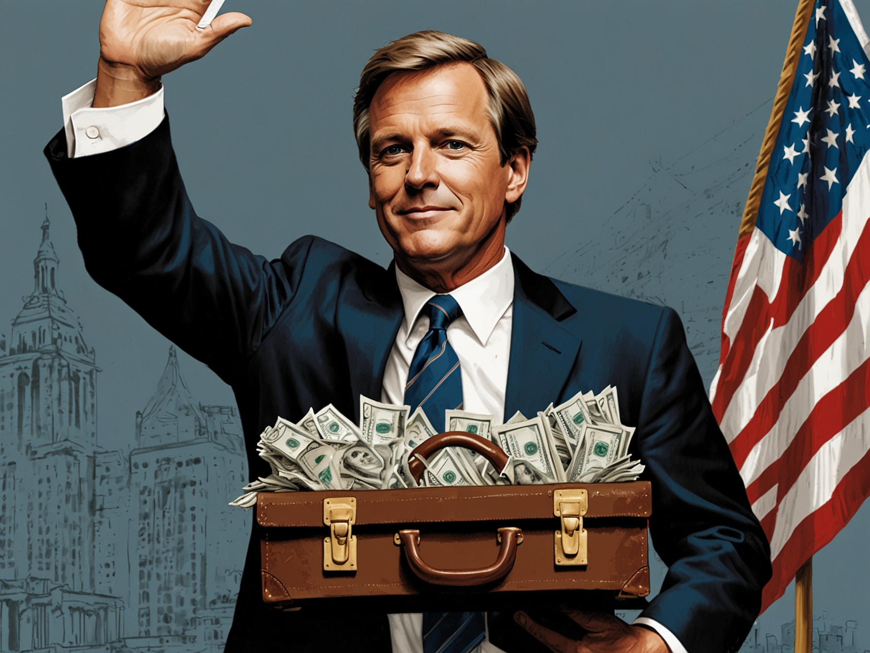 Illustration of Timothy Mellon holding a briefcase full of cash, symbolizing his $100 million donation to Trump's and RFK Jr.'s super PACs, affecting the US political scene.