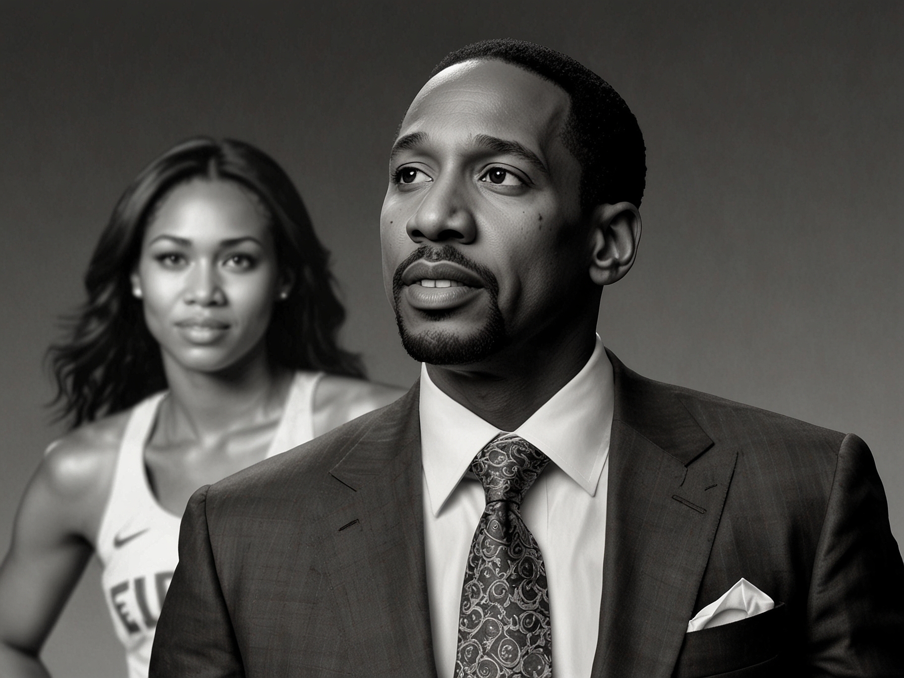A dynamic image of Stephen A. Smith in the ESPN studio, energetically defending his stance, with images of Angel Reese and Caitlin Clark in action in the WNBA in the background.