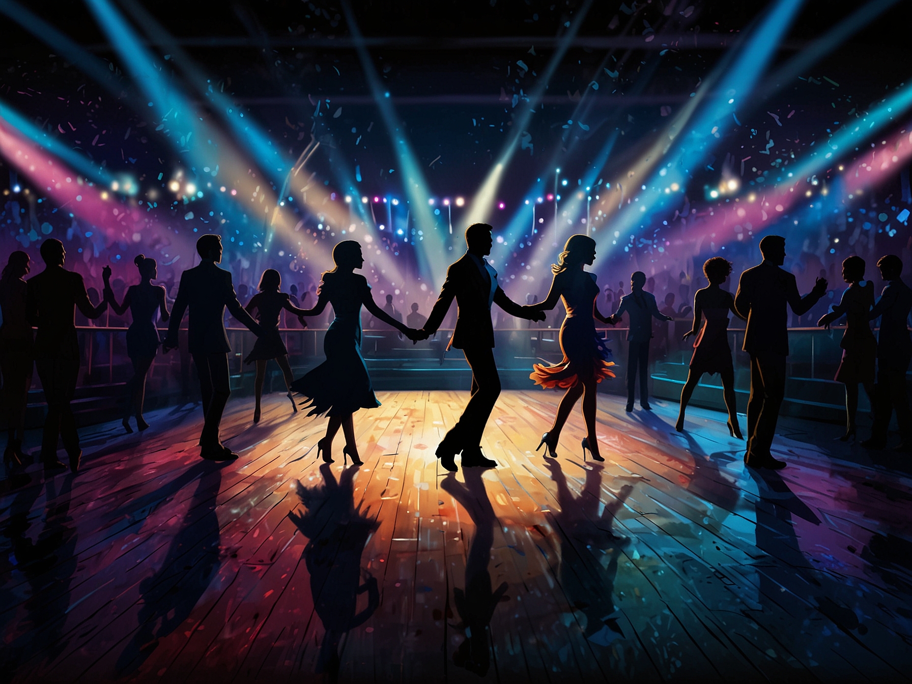 A vibrant dance floor setting with silhouetted dancers, representing the thrilling and high-profile nature of Strictly Come Dancing and the kind of environment the British hero might enter.