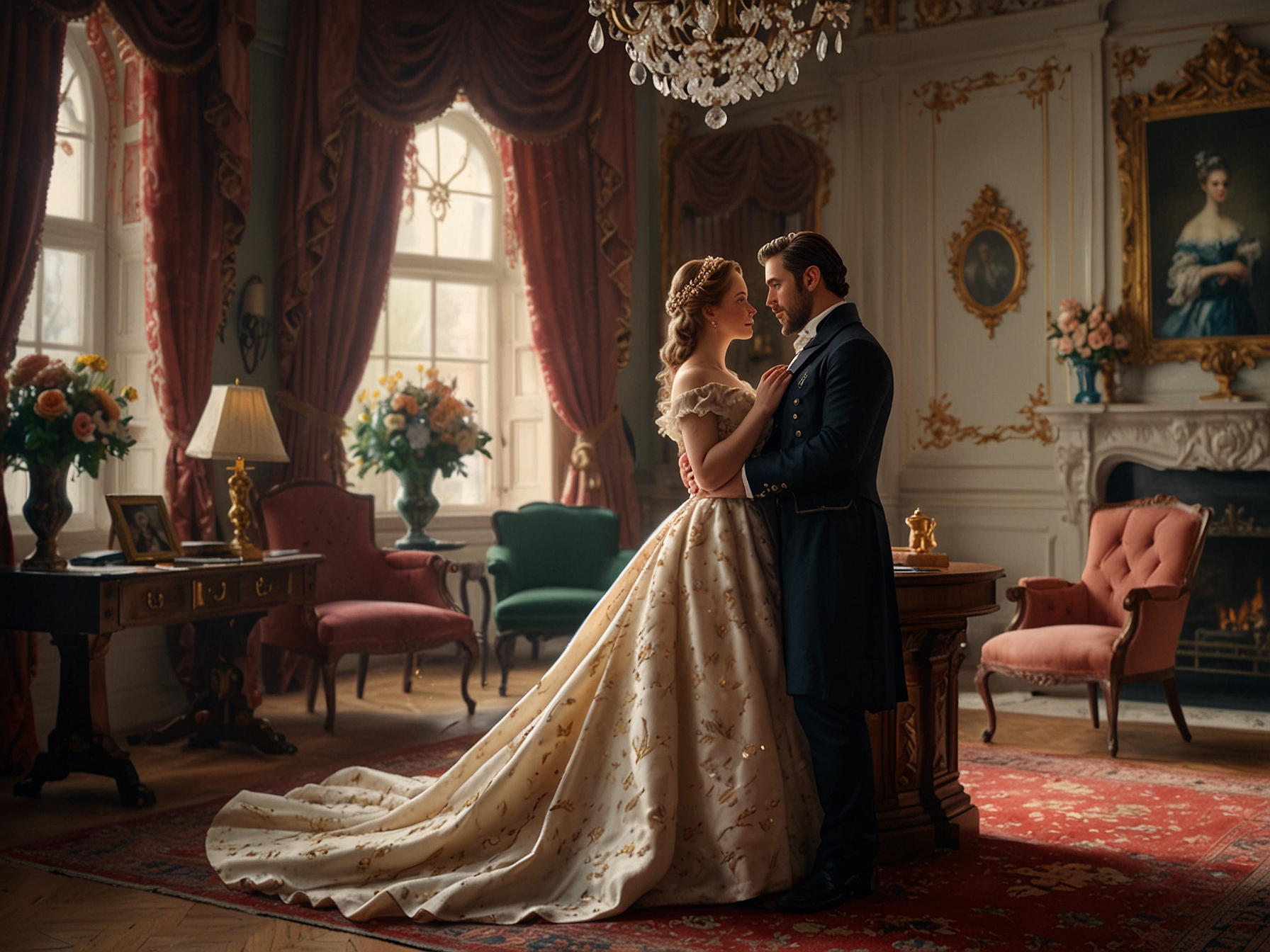 A glamorous scene from 'Bridgerton' Season 3, showcasing the show's stunning production design and costumes. The image captures the essence of the historical romance series that keeps viewers engaged.