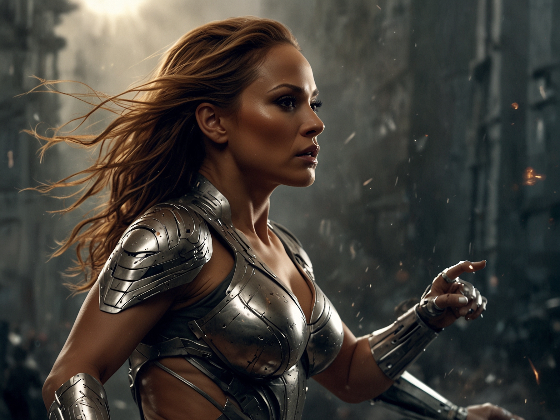 A dramatic still from the sci-fi film 'Atlas,' featuring Jennifer Lopez in an intense action scene. The impressive special effects and compelling performance highlight the film's appeal to audiences.