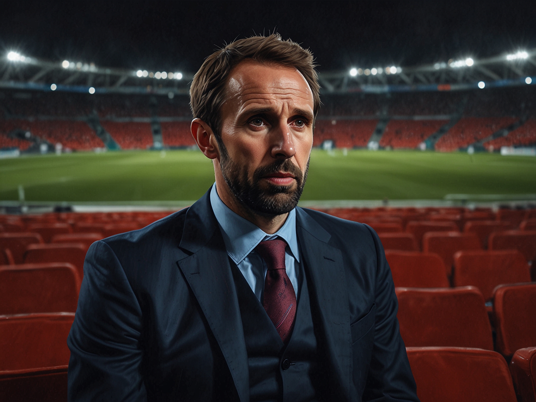 Gareth Southgate in a post-match interview with a somber expression, reflecting on England's disappointing performance at Euro 2024 amid a backdrop of empty stadium seats.