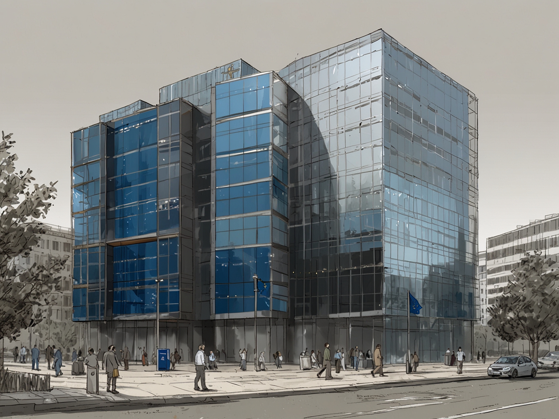 An illustration of the European Commission building, signifying the EU’s ongoing investigation into Apple’s App Store practices under the Digital Markets Act.
