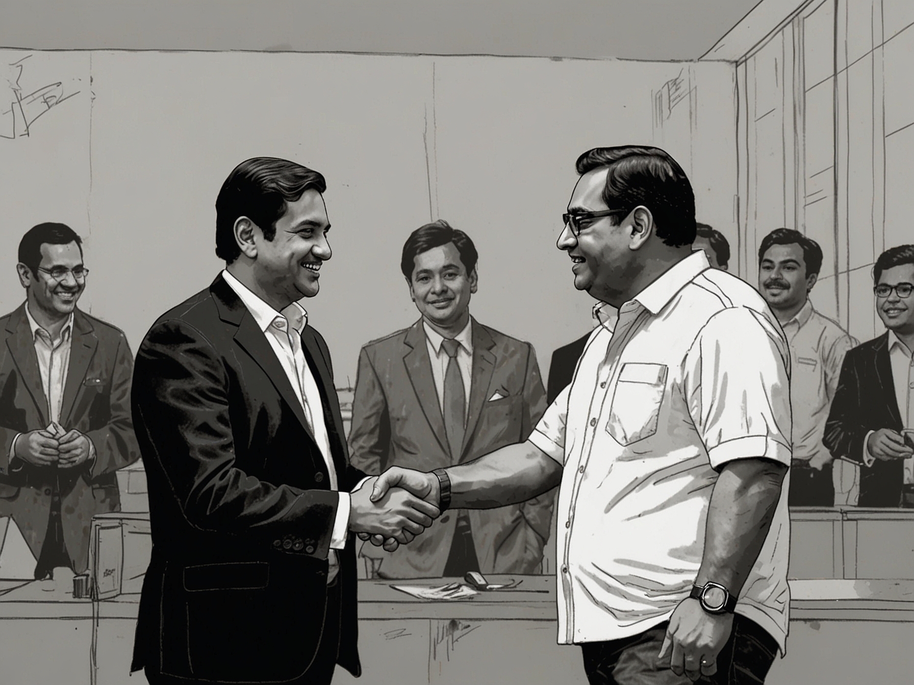 An illustration showing Zomato's CEO, Deepinder Goyal, shaking hands with Paytm’s representative, symbolizing the acquisition of the movie-ticketing business, with entertainment icons in the background.
